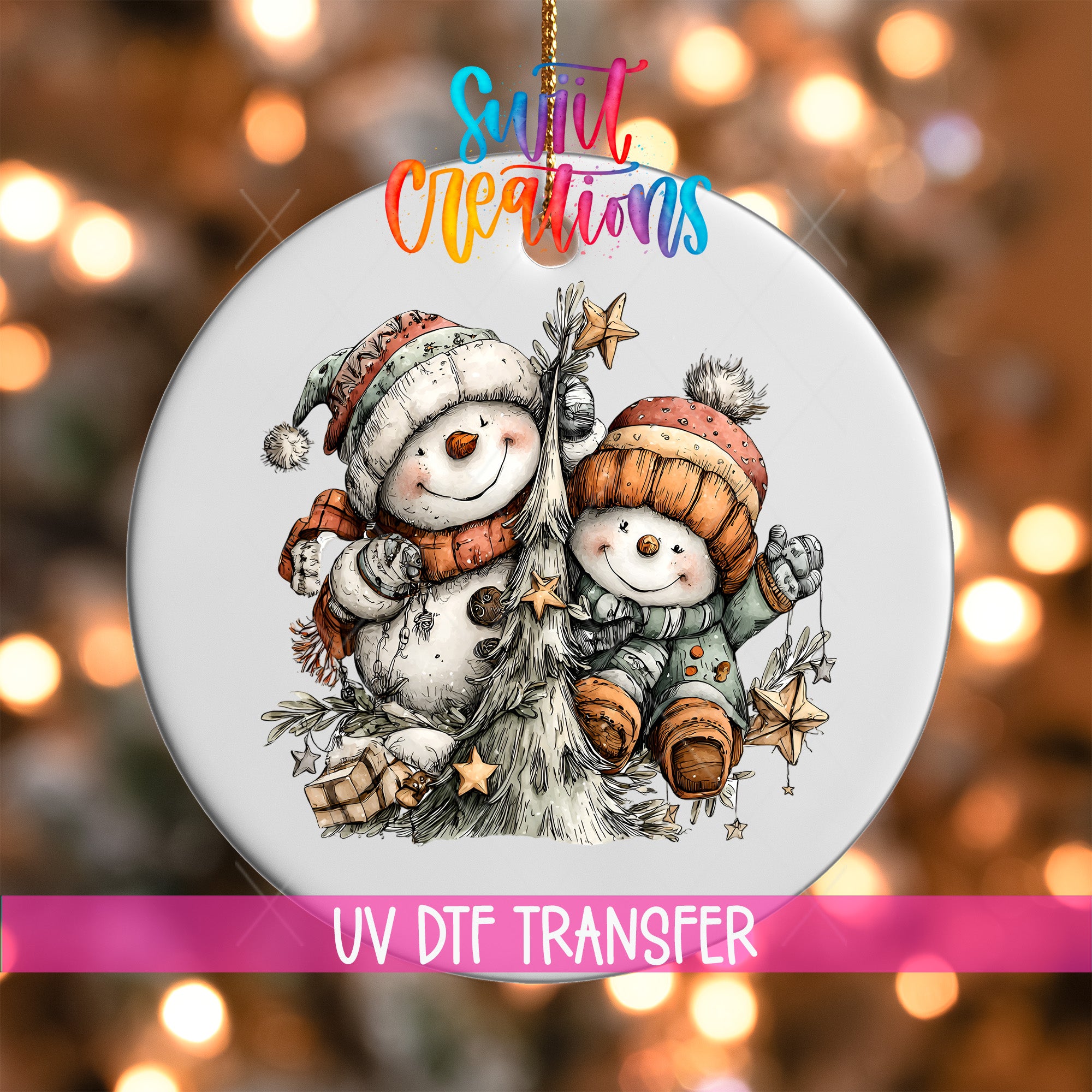 A decorative ornament featuring two snowmen, one wearing a red hat and the other wearing a green hat, sitting on a tree branch with stars. The ornament is set against a background of colorful lights, creating a festive and whimsical atmosphere.