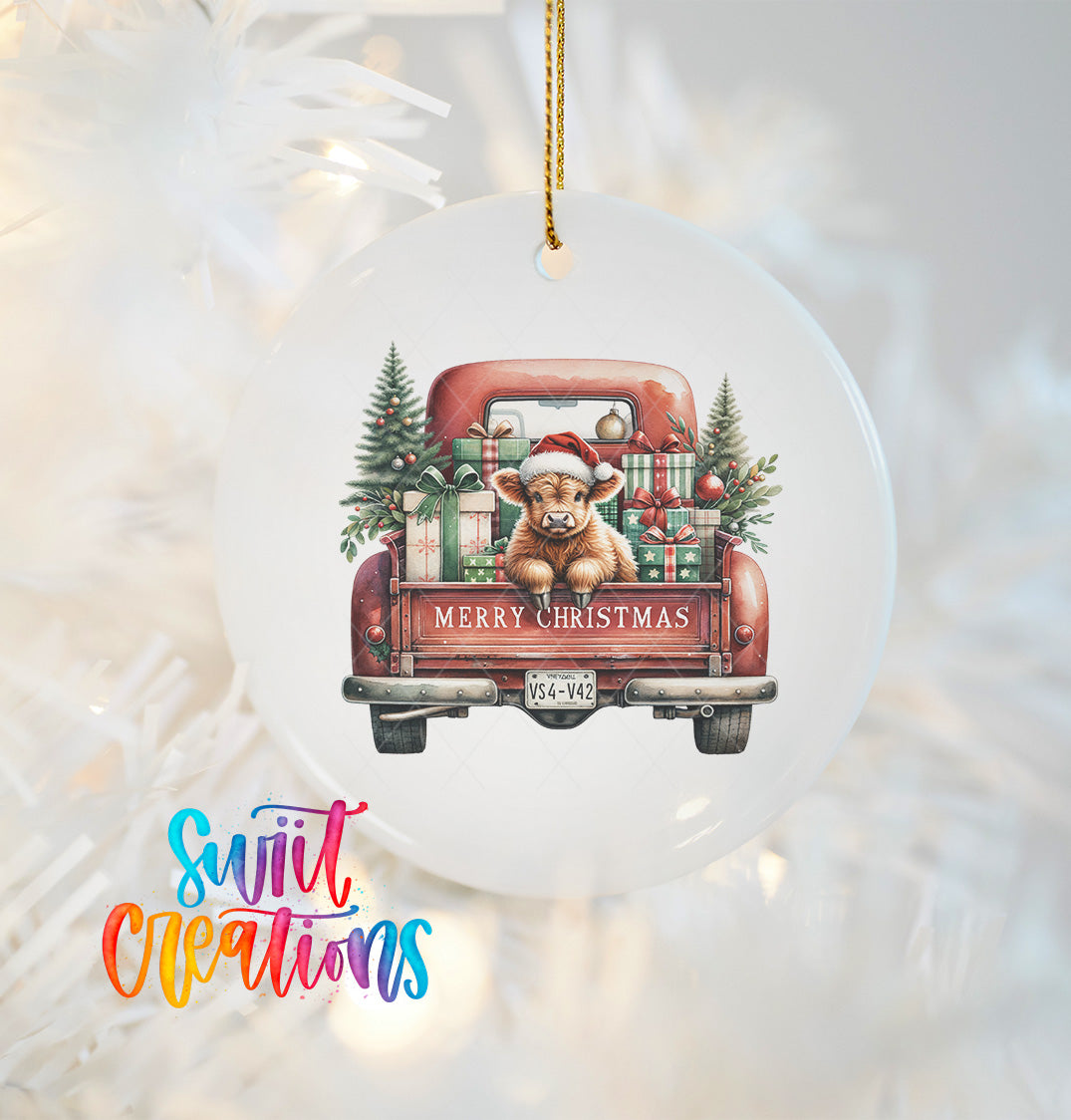 A white Christmas ornament with a red truck and a cow in the back, along with the text "Merry Christmas" and "V4-V2".