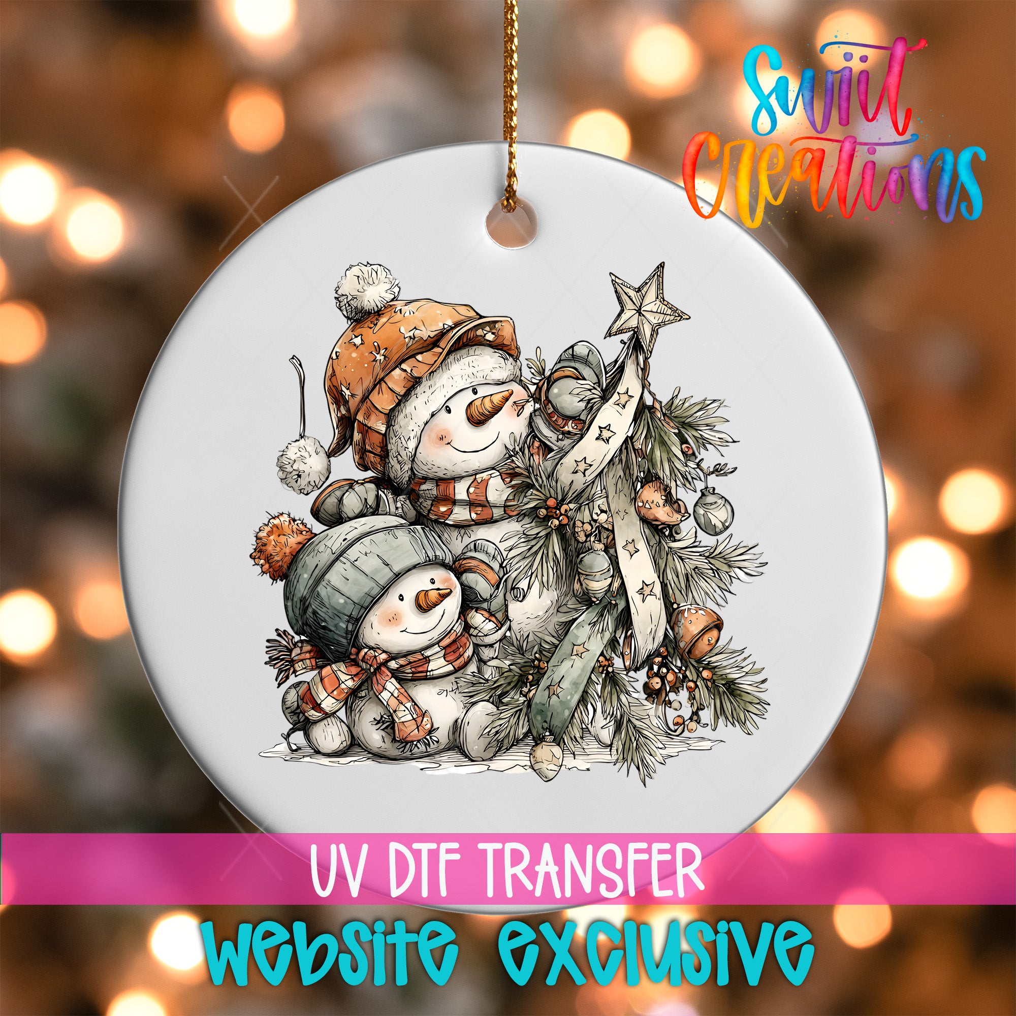 A white ornament with a snowman and star on a Christmas tree, along with other holiday decorations, is displayed against a blurred background with colorful lights.