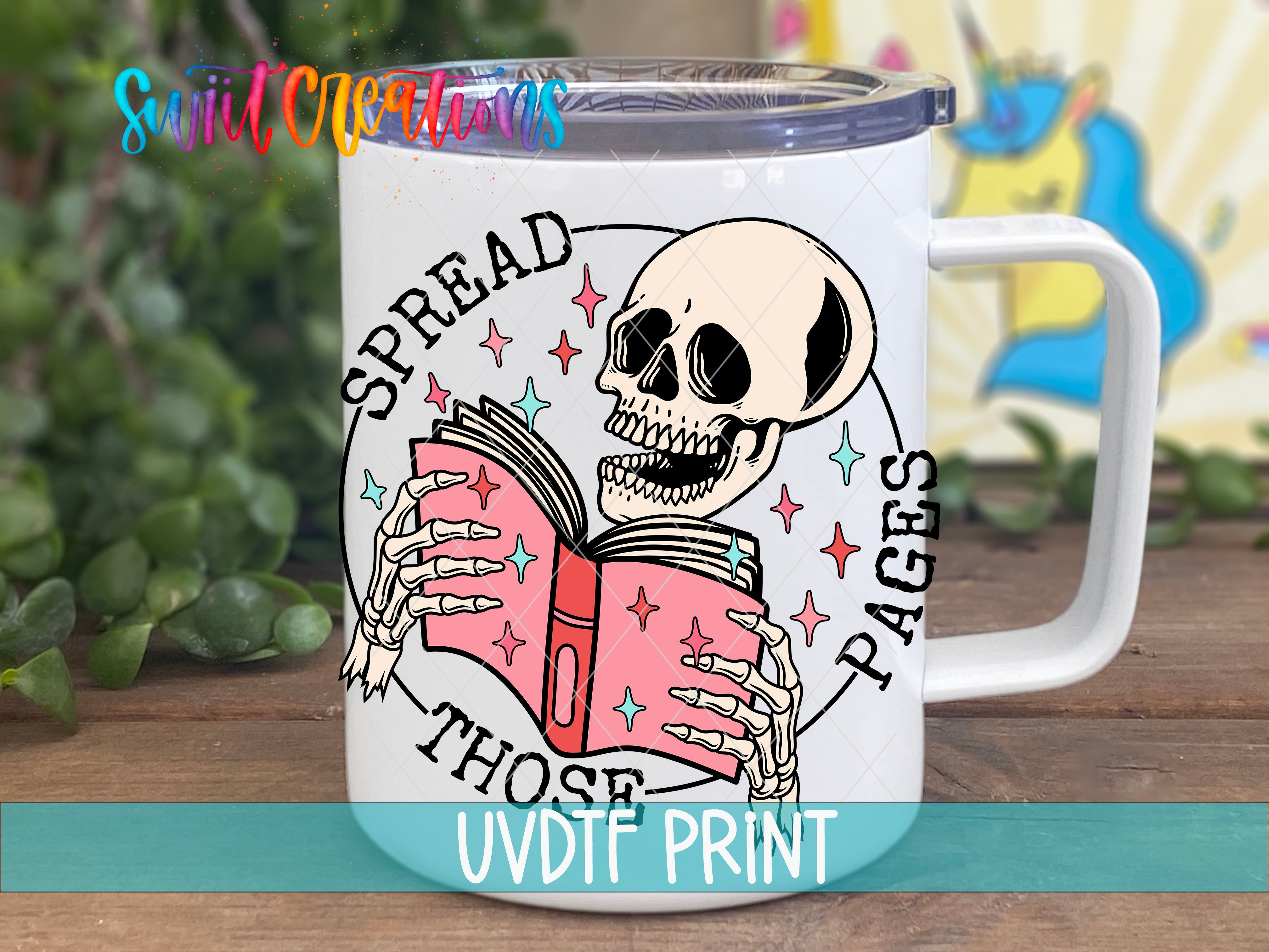 A white mug with a skull and crossbones design, holding a book and surrounded by colorful text and graphics.