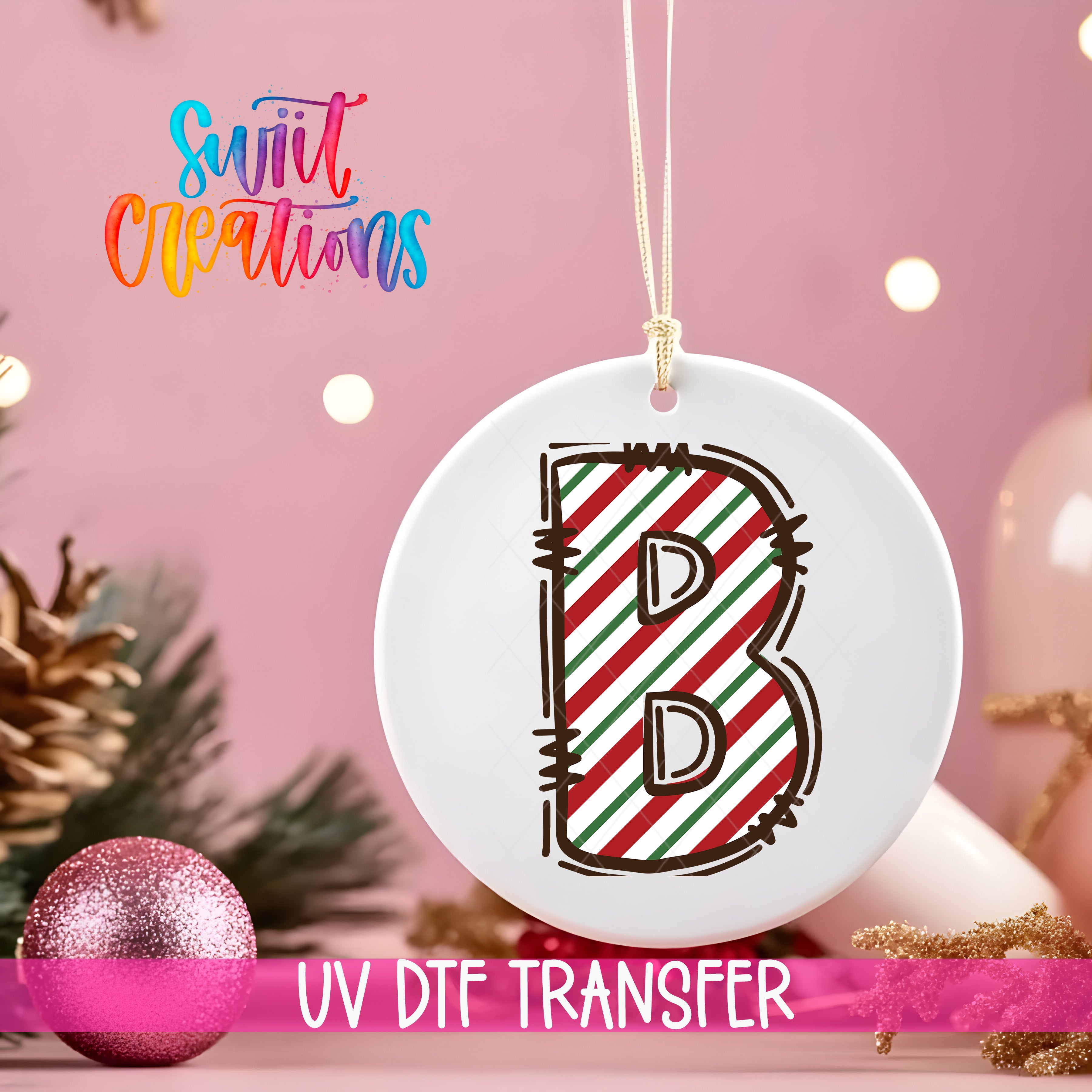Candy Cane Christmas UV DTF Ornament Decal | Initial Letter Transfer for DIY Holiday Decor | Personalized Alphabet Design | CF01