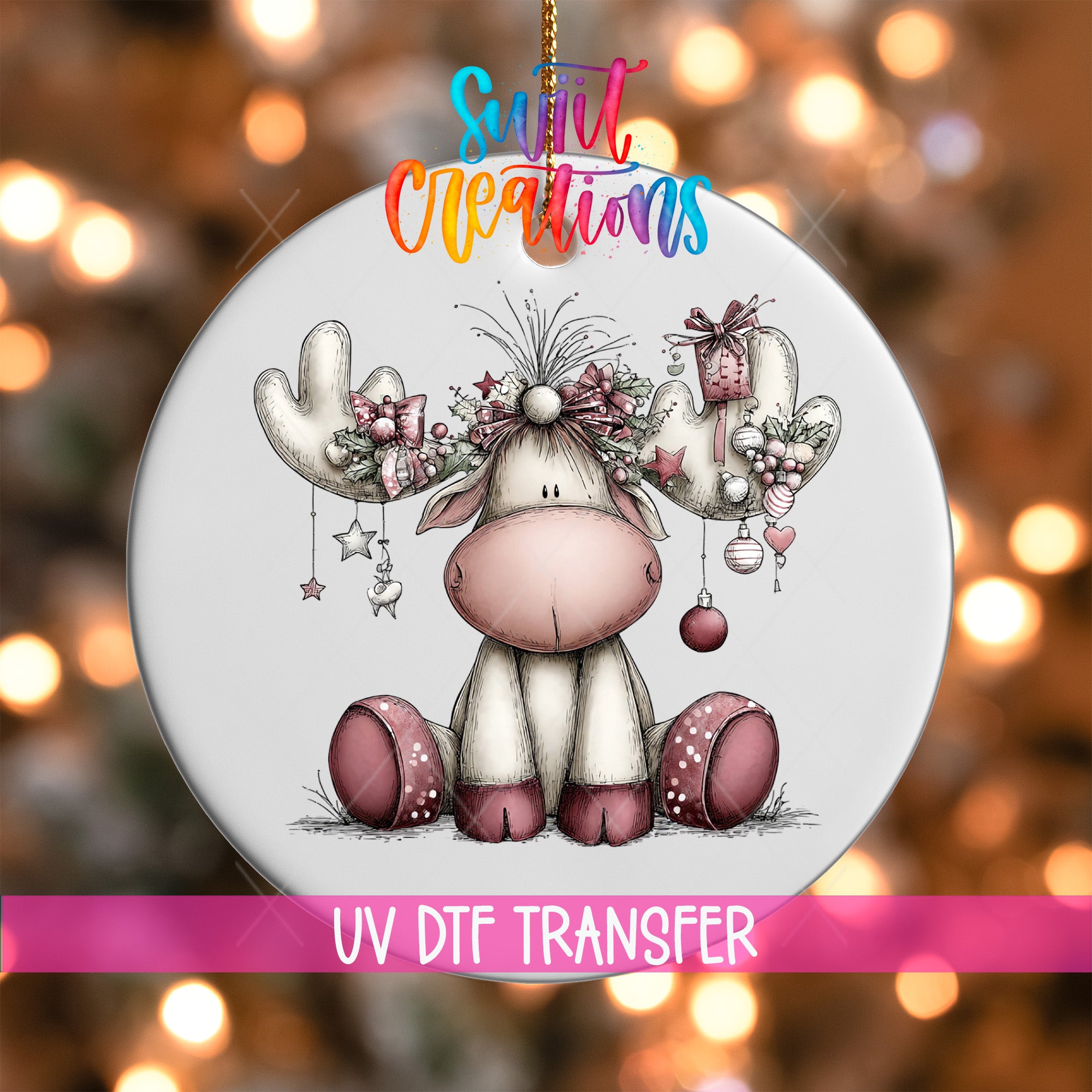 A decorative ornament featuring a cartoon moose with a bow, surrounded by festive elements such as stars, hearts, and ornaments.