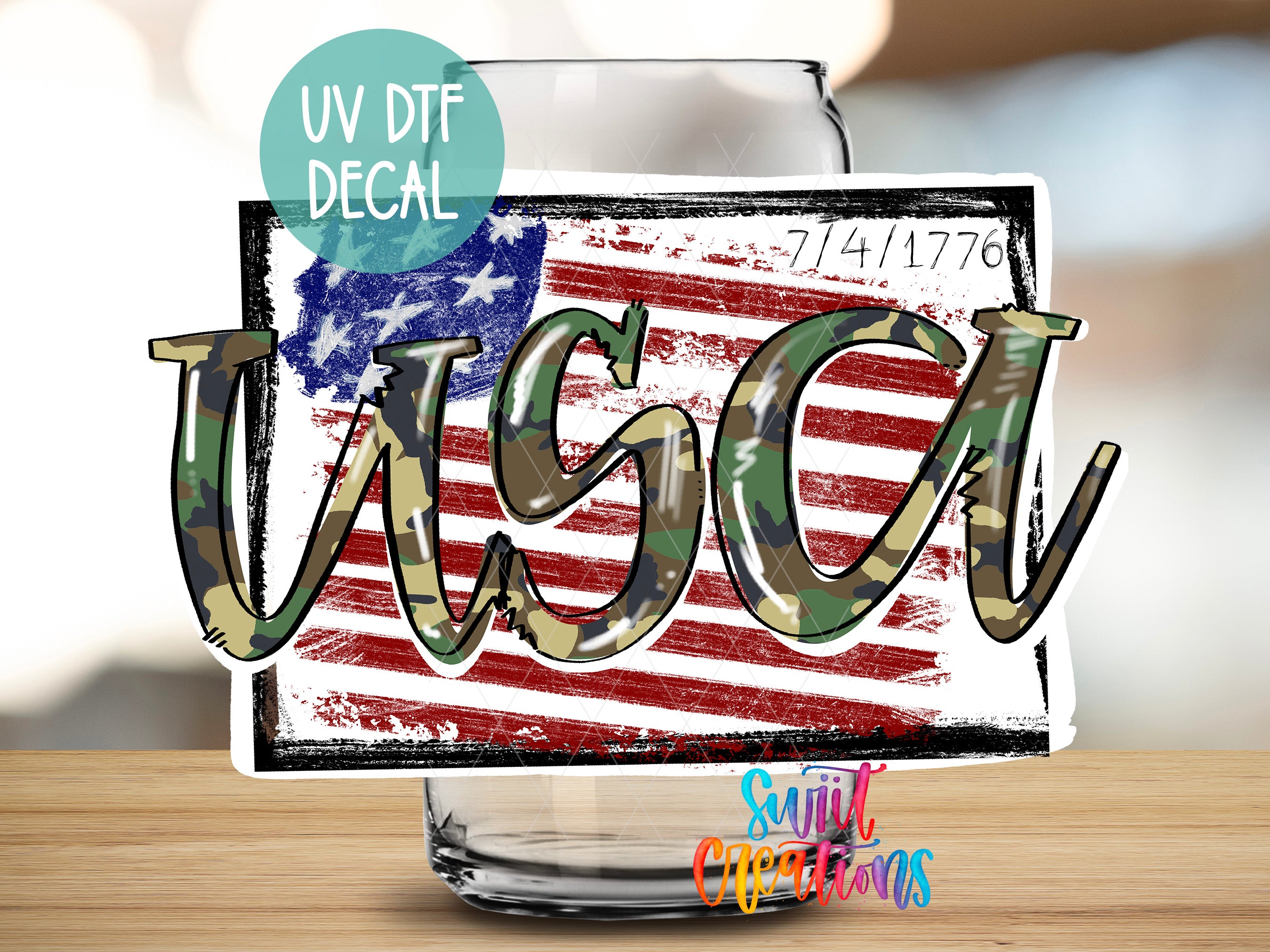 a camouflage-style text overlay on an American flag-themed background, with a glass jar in the foreground.