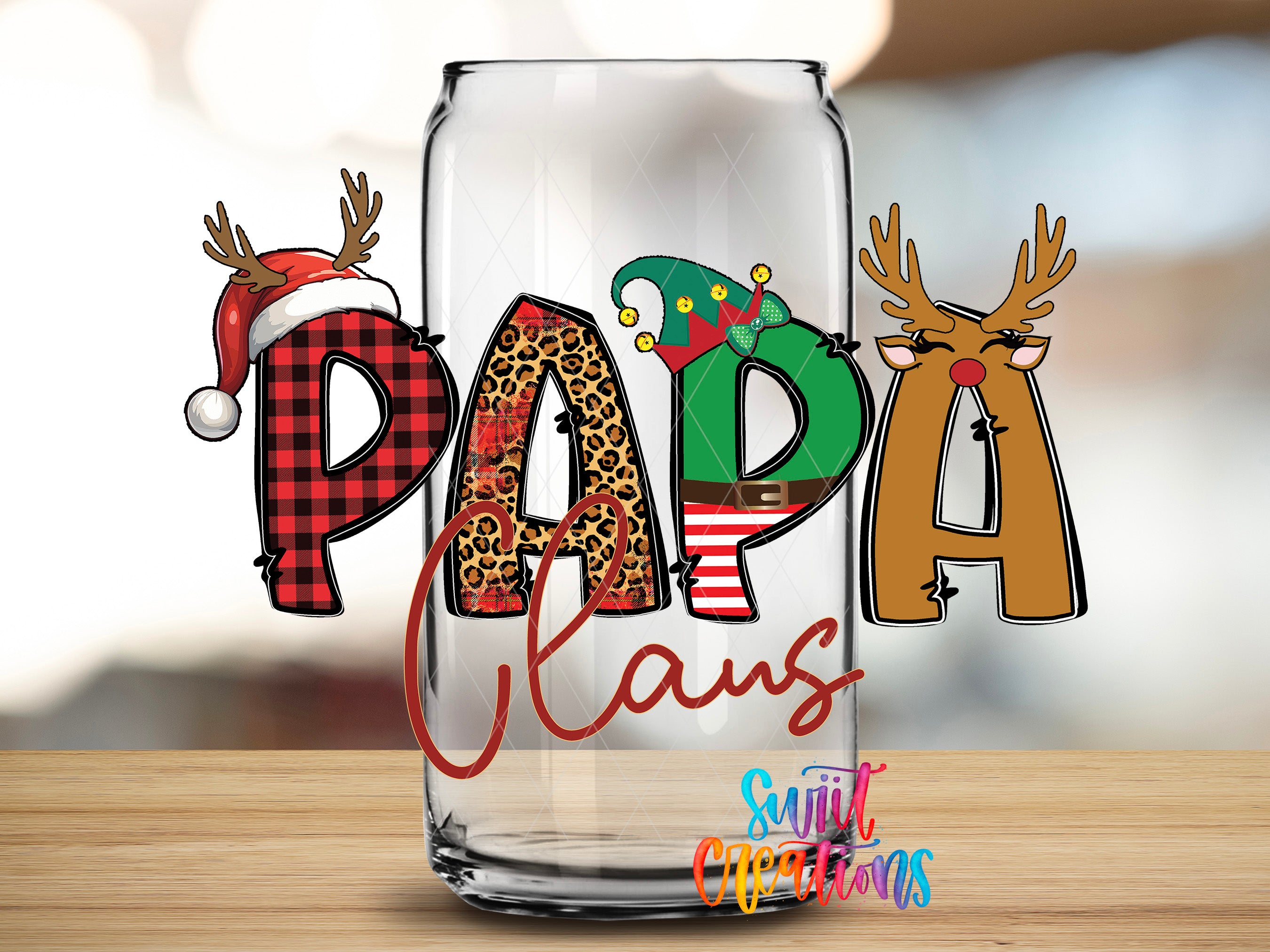A glass jar with the word "Papa" written on it, along with illustrations of reindeer and Santa Claus.