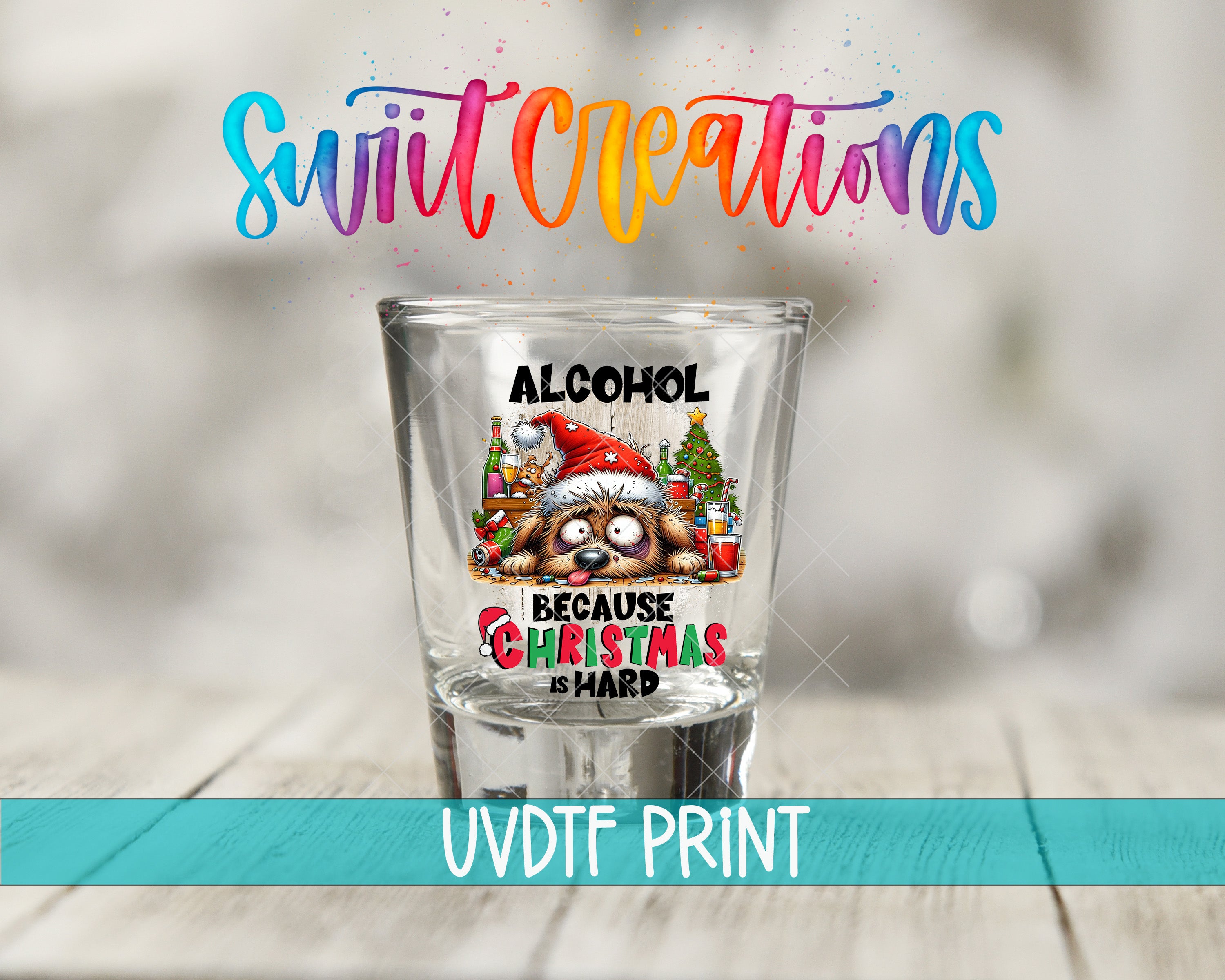 a shot glass with a Christmas-themed design and text, along with a colorful background.