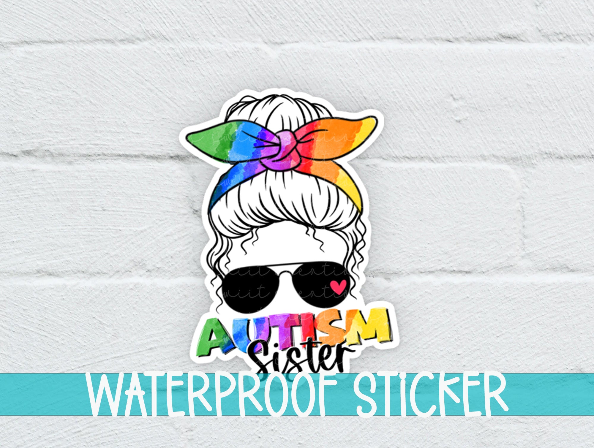 a sticker of a woman wearing sunglasses and a rainbow bow