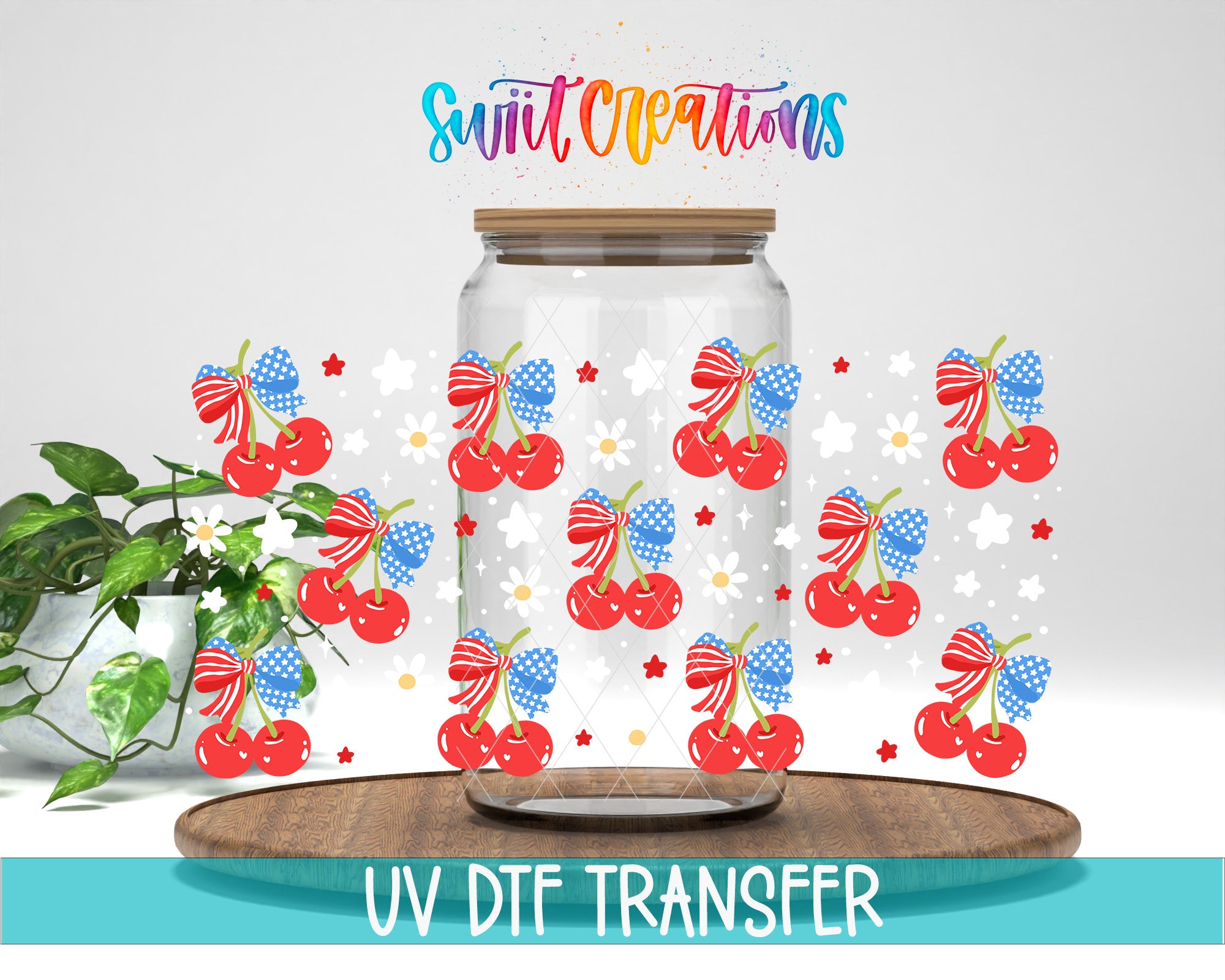 a clear glass jar with a wooden lid, decorated with various patriotic symbols such as cherubs, stars, and stripes, along with a potted plant and a wooden tray. The text "Swift Creations" is written above the jar, and "UV Dtf Transfer" is written below it.