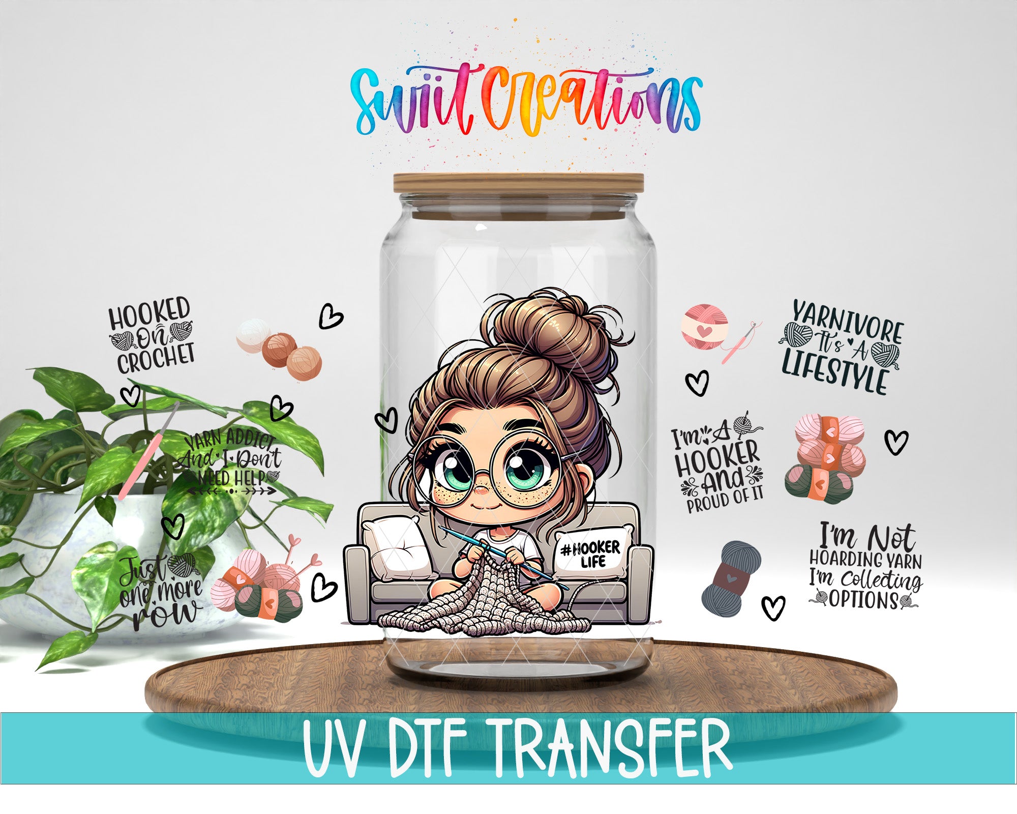 The image is a colorful illustration featuring a cartoon girl sitting on a couch, surrounded by various crochet-related items and text.
