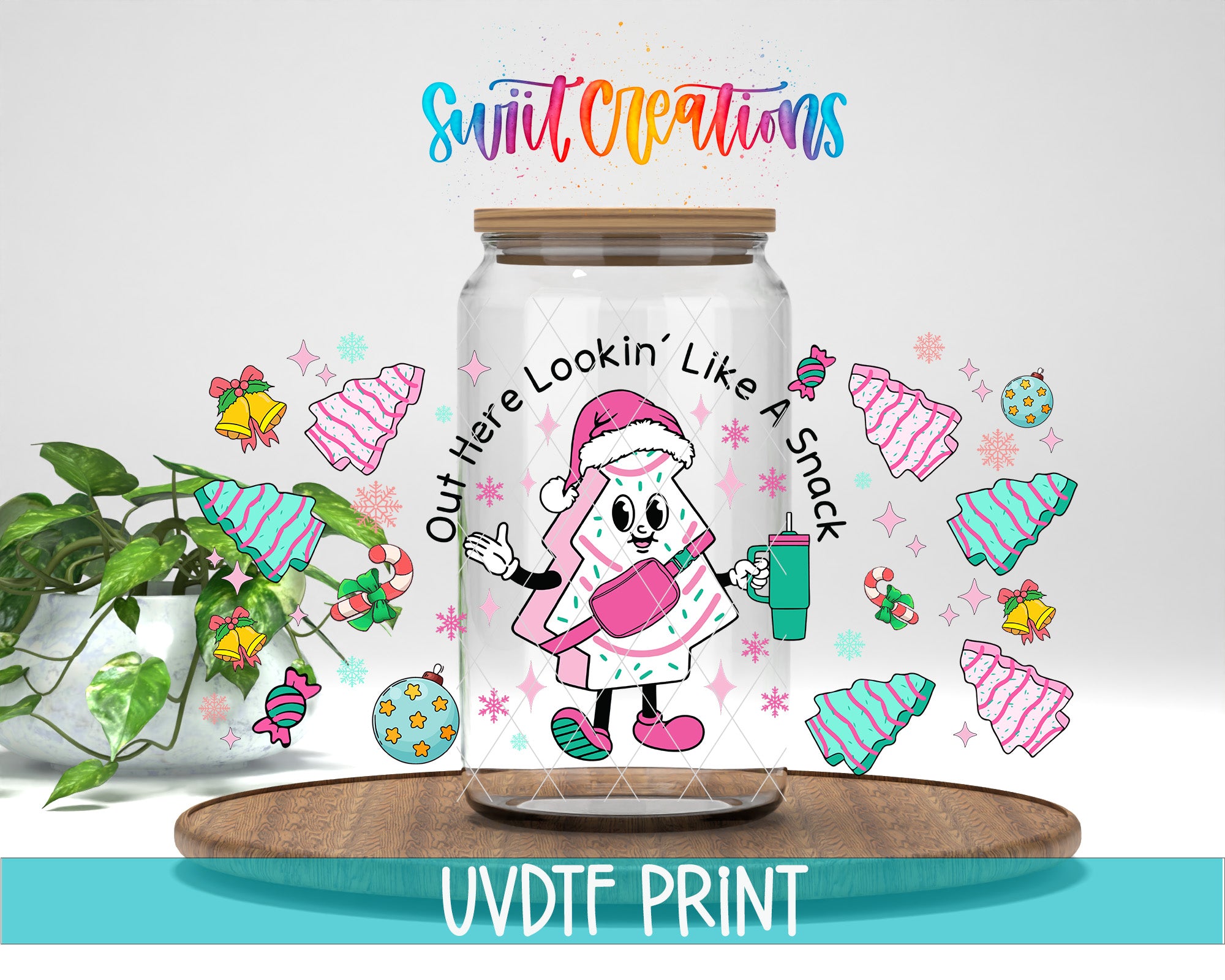 a glass jar with a cartoon character on it, surrounded by various festive decorations and illustrations, including snowflakes, Christmas trees, and candy canes.