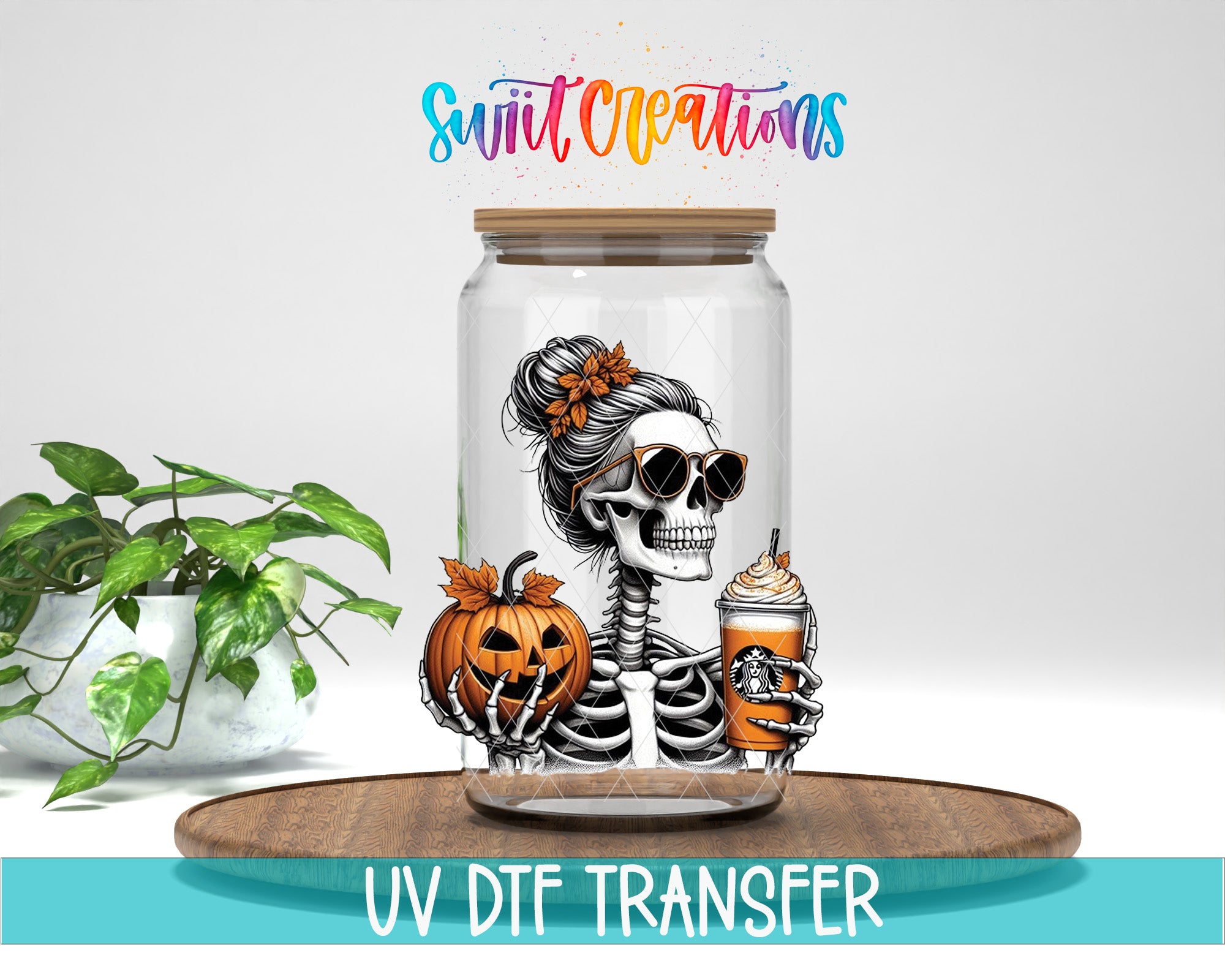 a skeleton wearing sunglasses and holding a pumpkin and a drink, with the text "Swift Creations" above the skeleton.