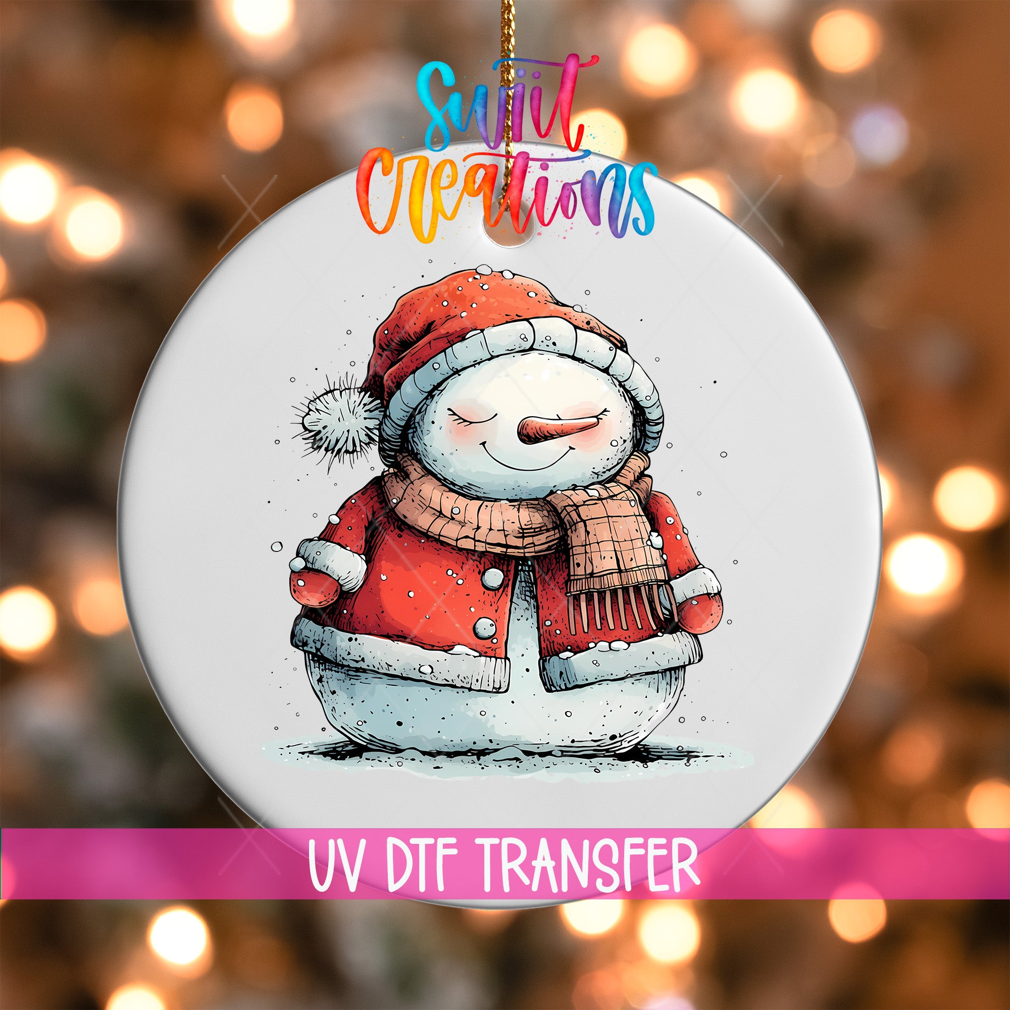 A snowman ornament with a red scarf and hat, sitting on a snowy surface, is the main focus of the image.