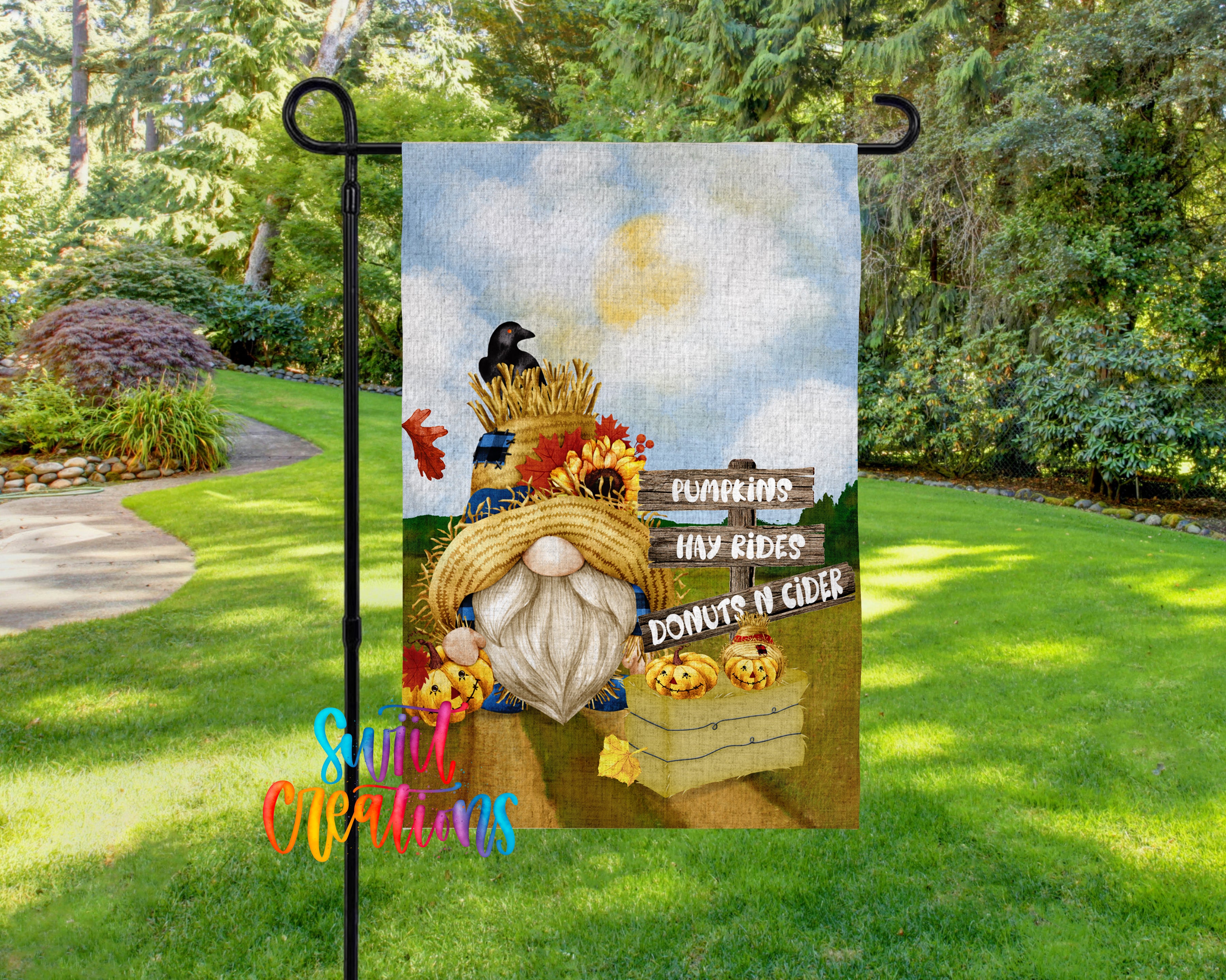 A garden gnome with a straw hat and a basket of pumpkins is depicted in the image, set against a backdrop of a lush green lawn and trees.