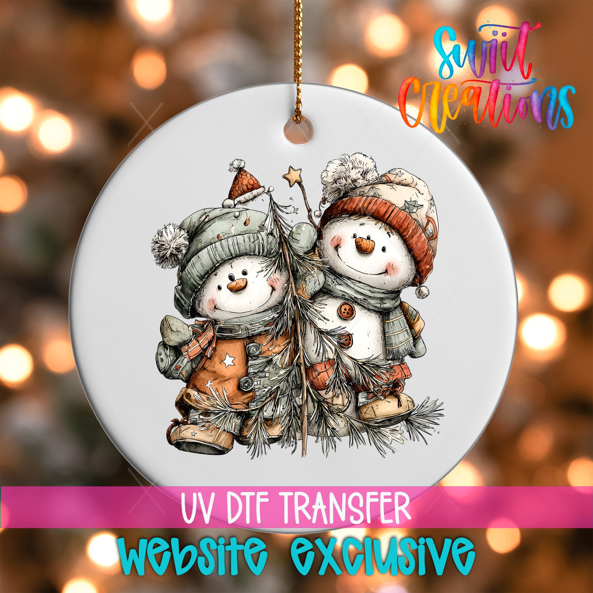 A white ornament with a snowman and pine tree design, featuring a UV DFT transfer of the image.