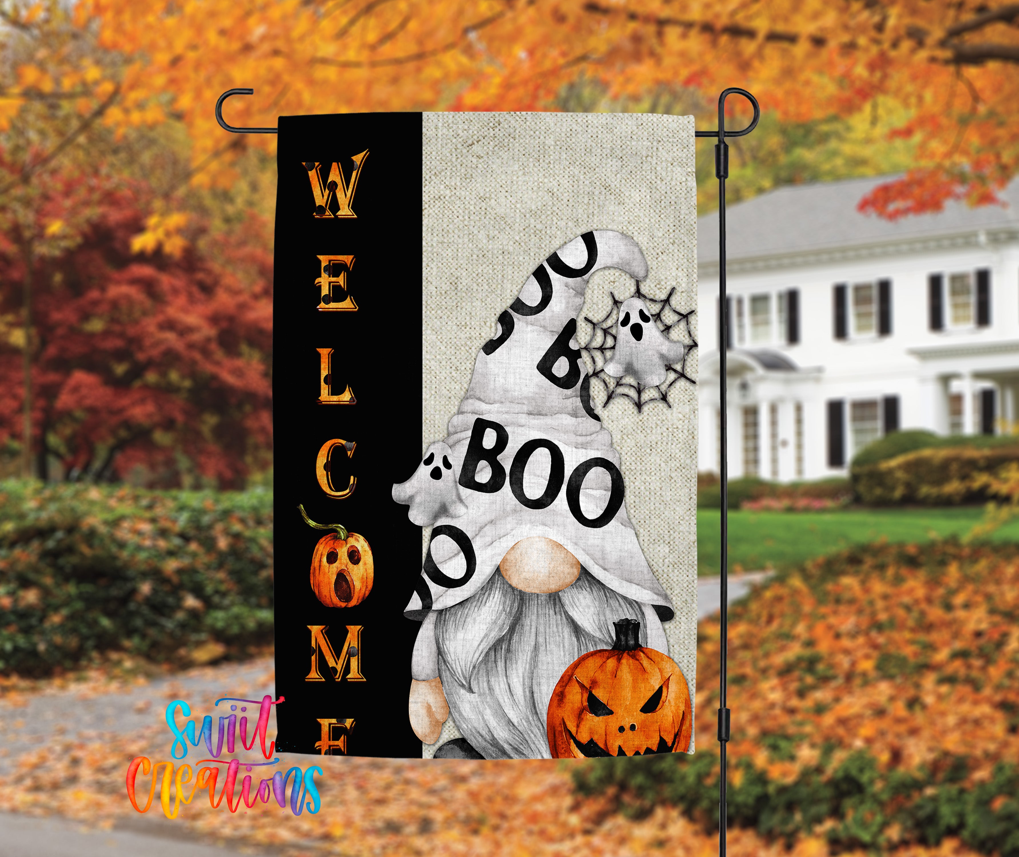 A Halloween-themed welcome sign featuring a gnome and a jack-o-lantern, with the text "WELCOME BOO" displayed prominently.