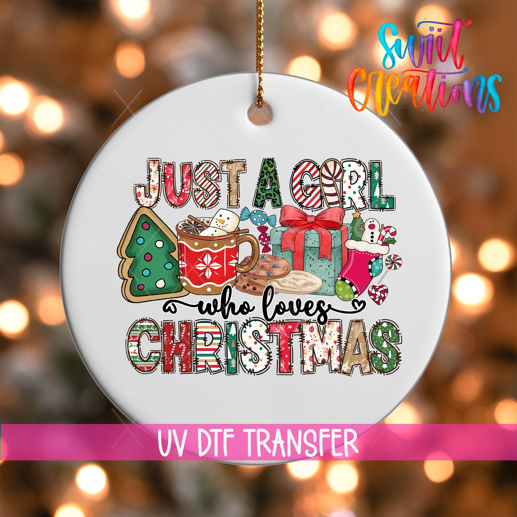 A white ornament with a festive Christmas design, featuring a Christmas tree, a mug, and various holiday-themed items. The text on the ornament reads "Just a girl who loves Christmas".