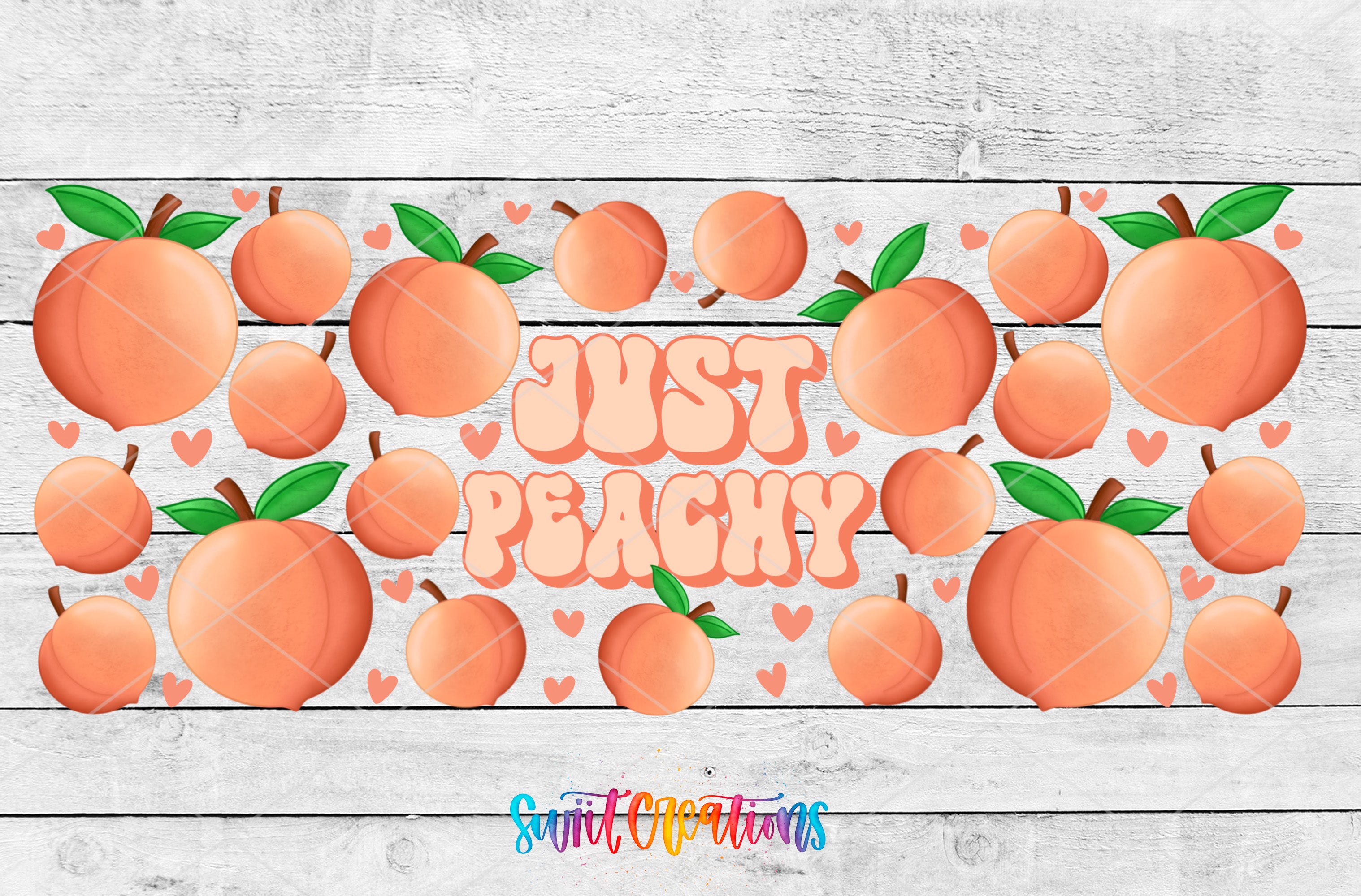 a collection of peach-colored illustrations arranged in a playful and whimsical manner, with the text "Just Peaches" prominently displayed.