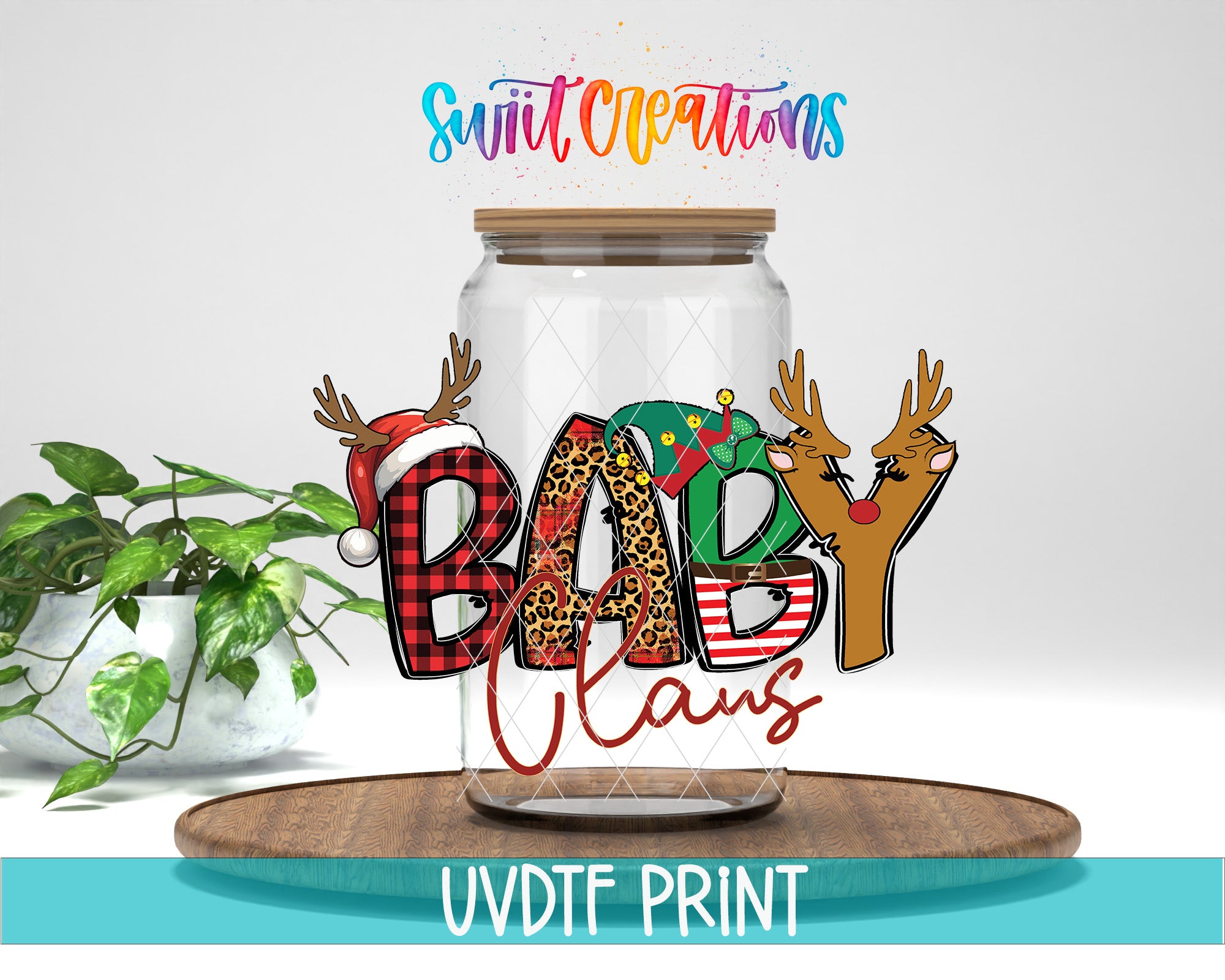 A glass jar with a lid, decorated with colorful text and illustrations, placed on a wooden surface.