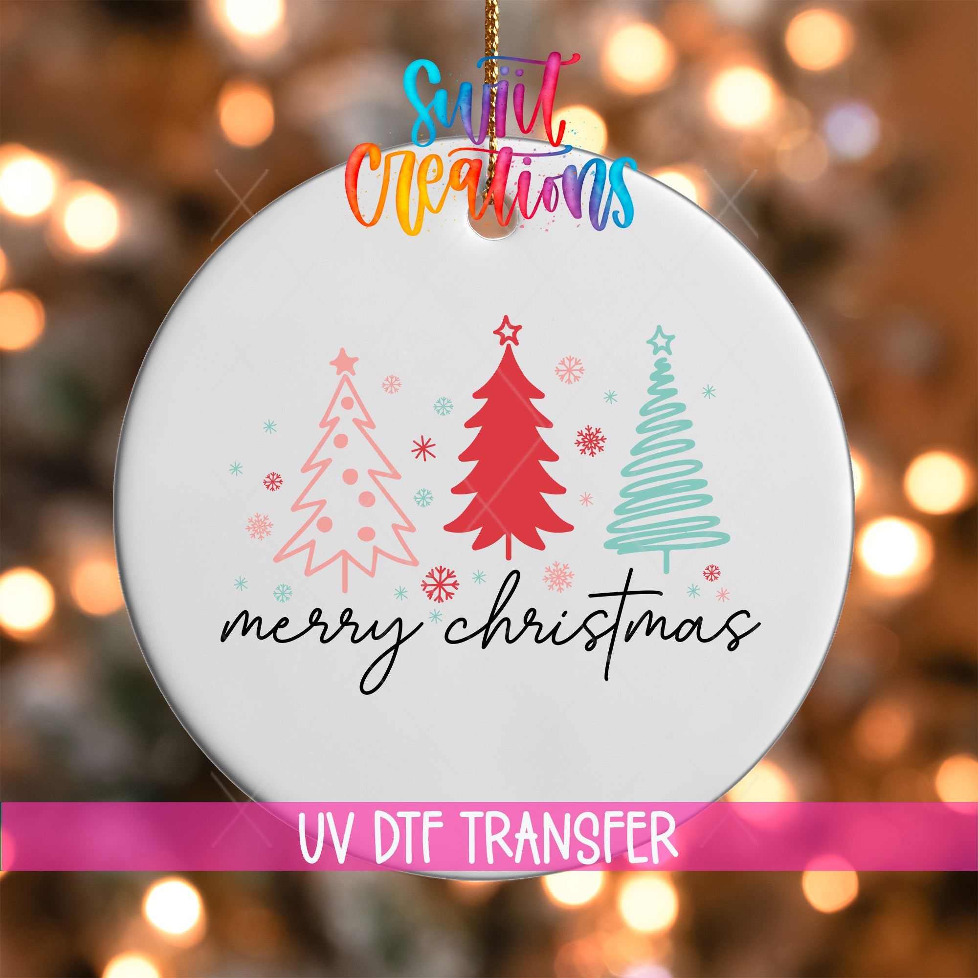A white ceramic ornament with a festive design of three Christmas trees and snowflakes, along with the text "Merry Christmas" written in a stylized font.