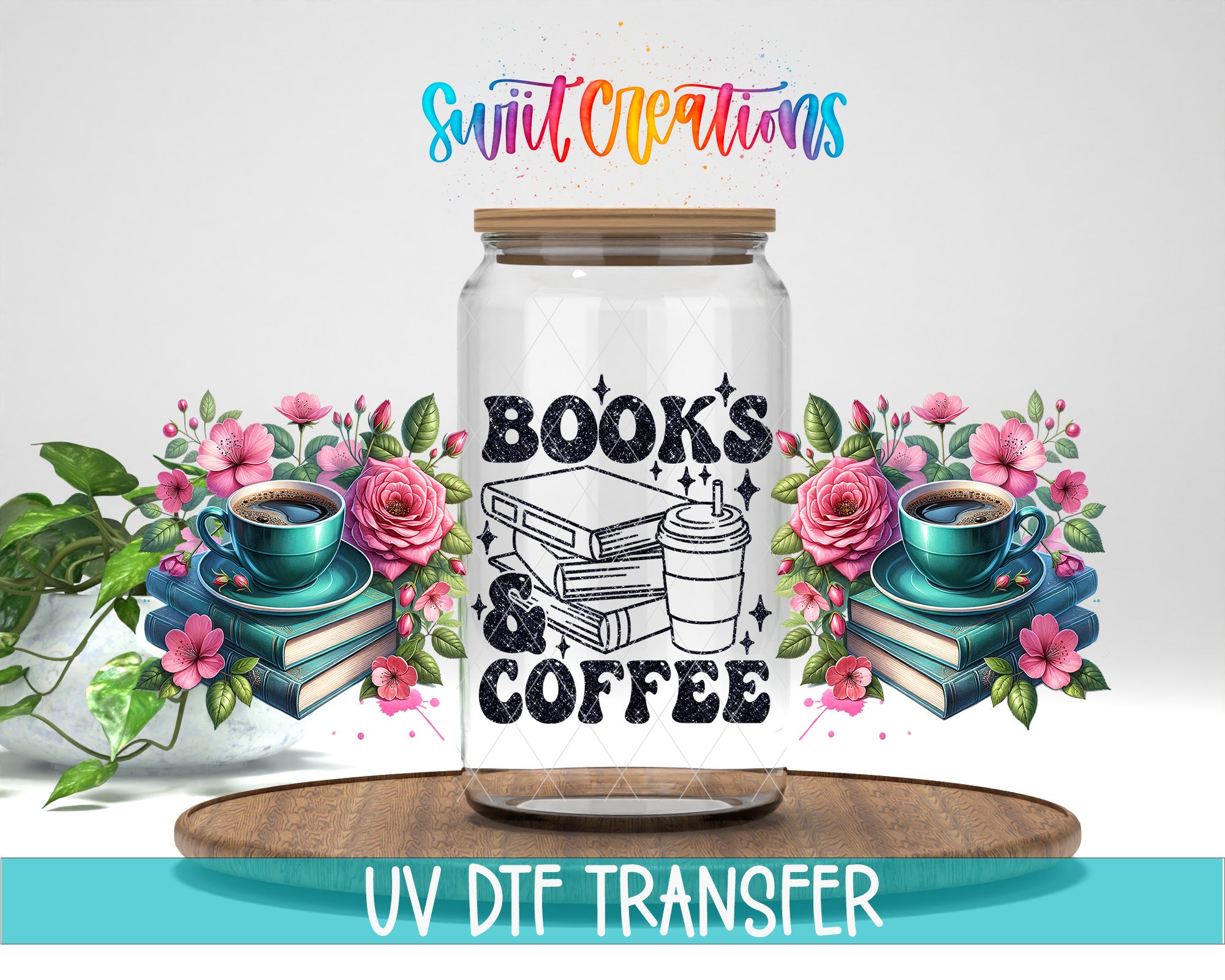 a glass jar with a label that says "BOOKS & COFFEE", surrounded by floral elements and coffee cups.