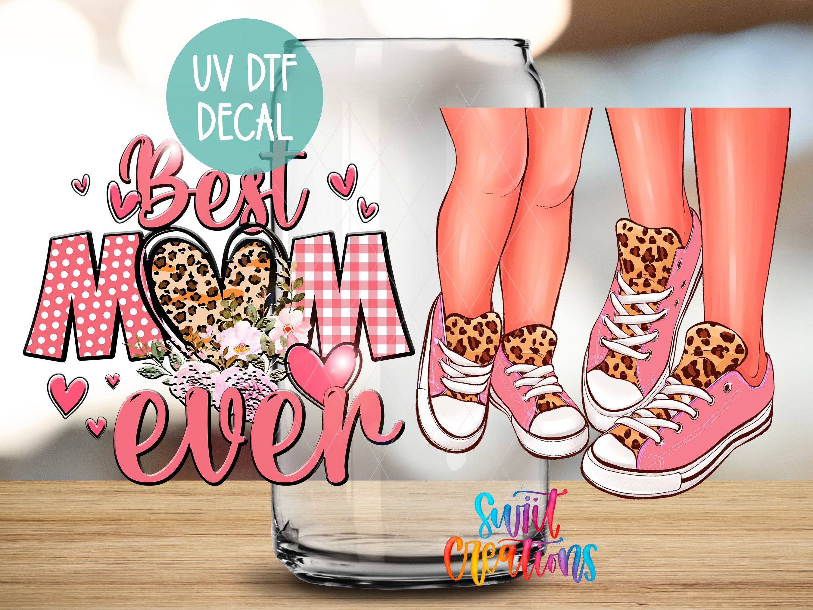 The image is a collage featuring a glass jar with a leopard print design, pink and white polka dots, and a floral pattern. The jar is labeled "Best Mom Ever" and has a UV decal on it. The image also includes a pair of leopard print sneakers and a pair of leopard print hearts.