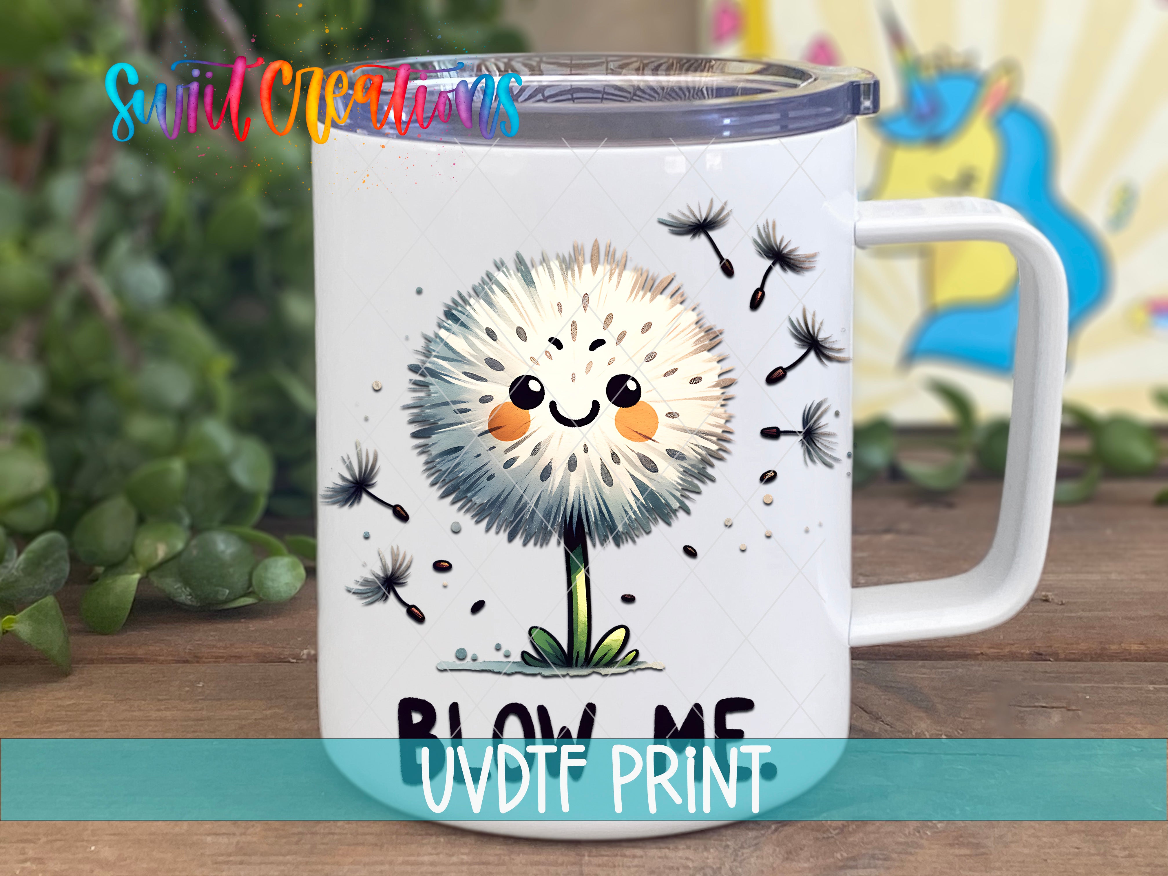 A white ceramic mug with a cartoon dandelion design and the text "Blow me" printed on it.