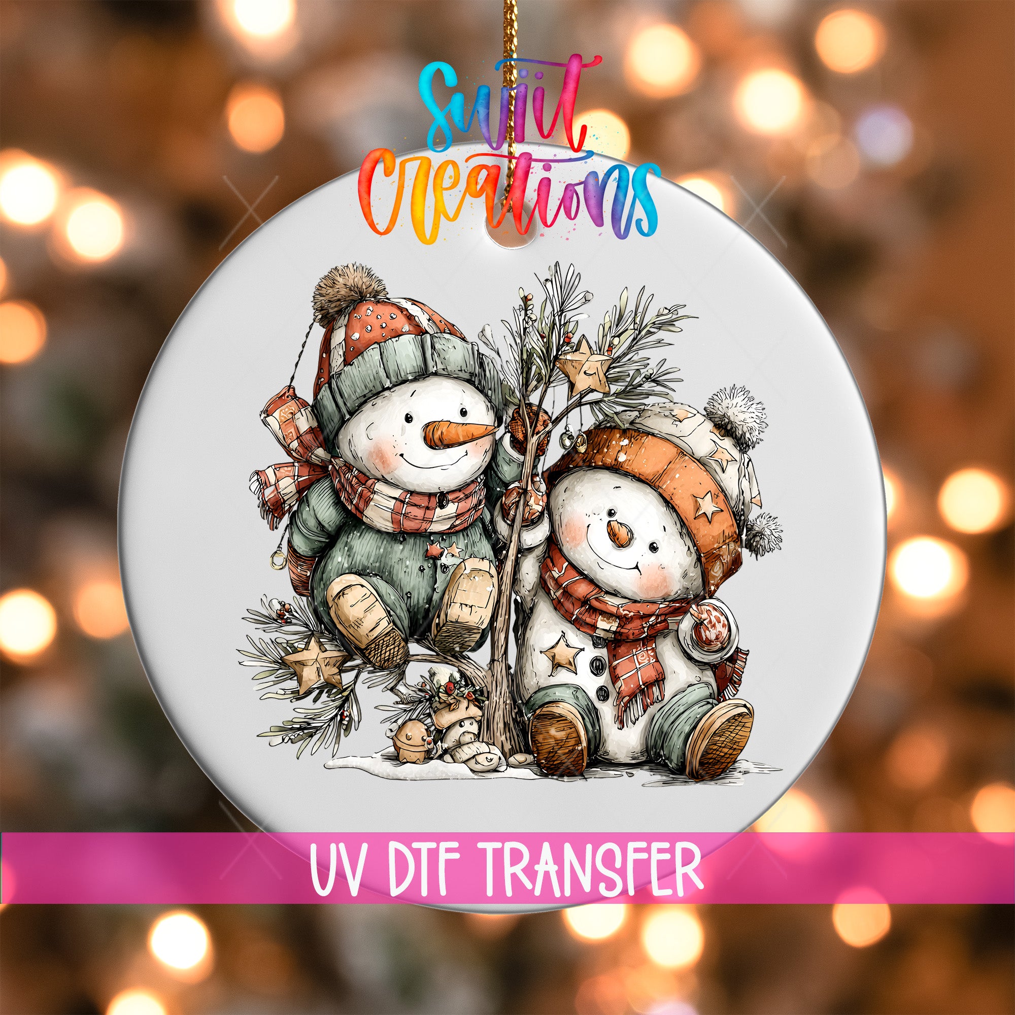 A decorative ornament featuring two snowmen, one standing and one sitting, against a blurred background with Christmas lights.