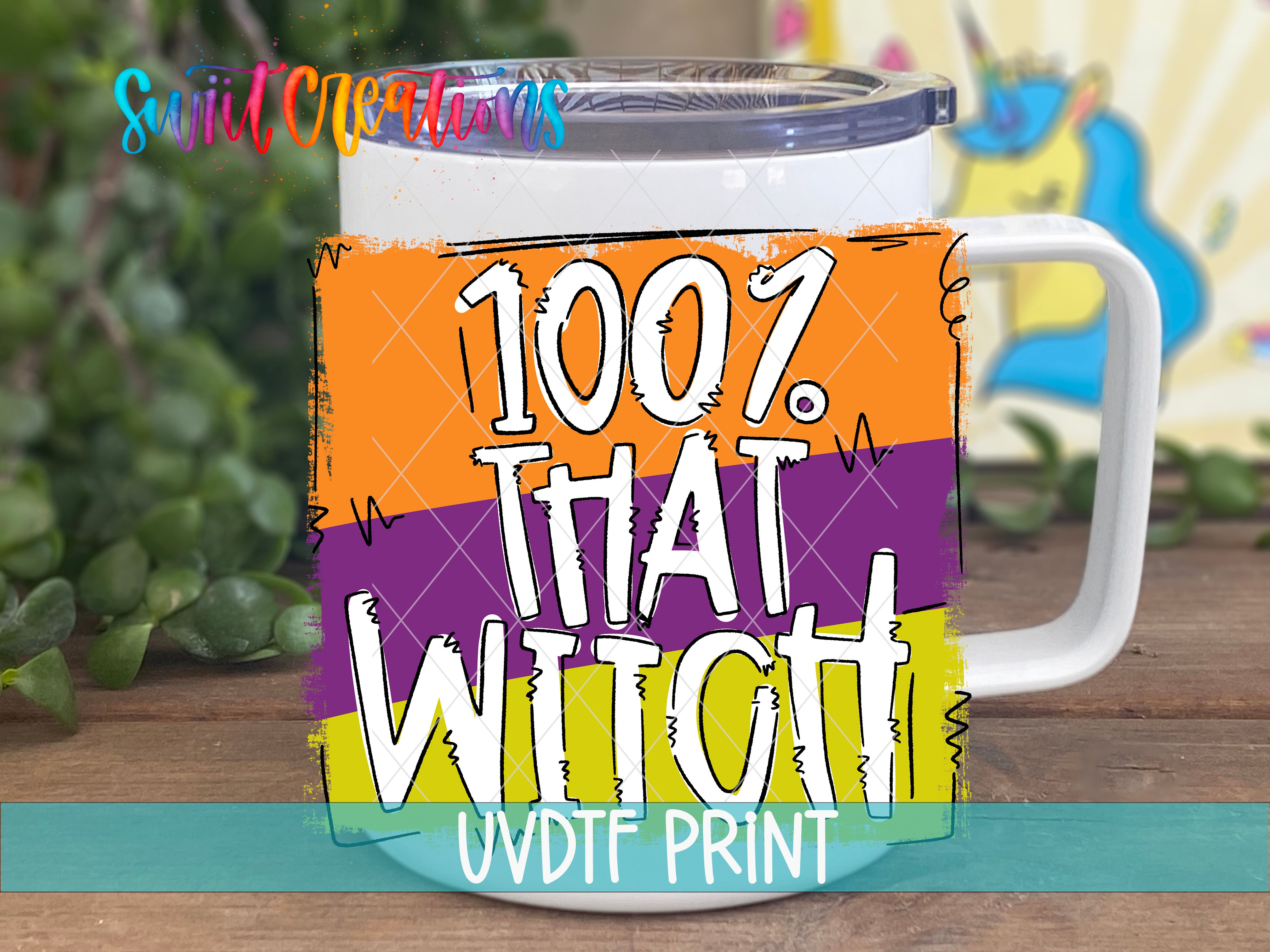 A mug with a colorful, hand-drawn label that says "100.7. That Witch" and "UVDF PRINT".