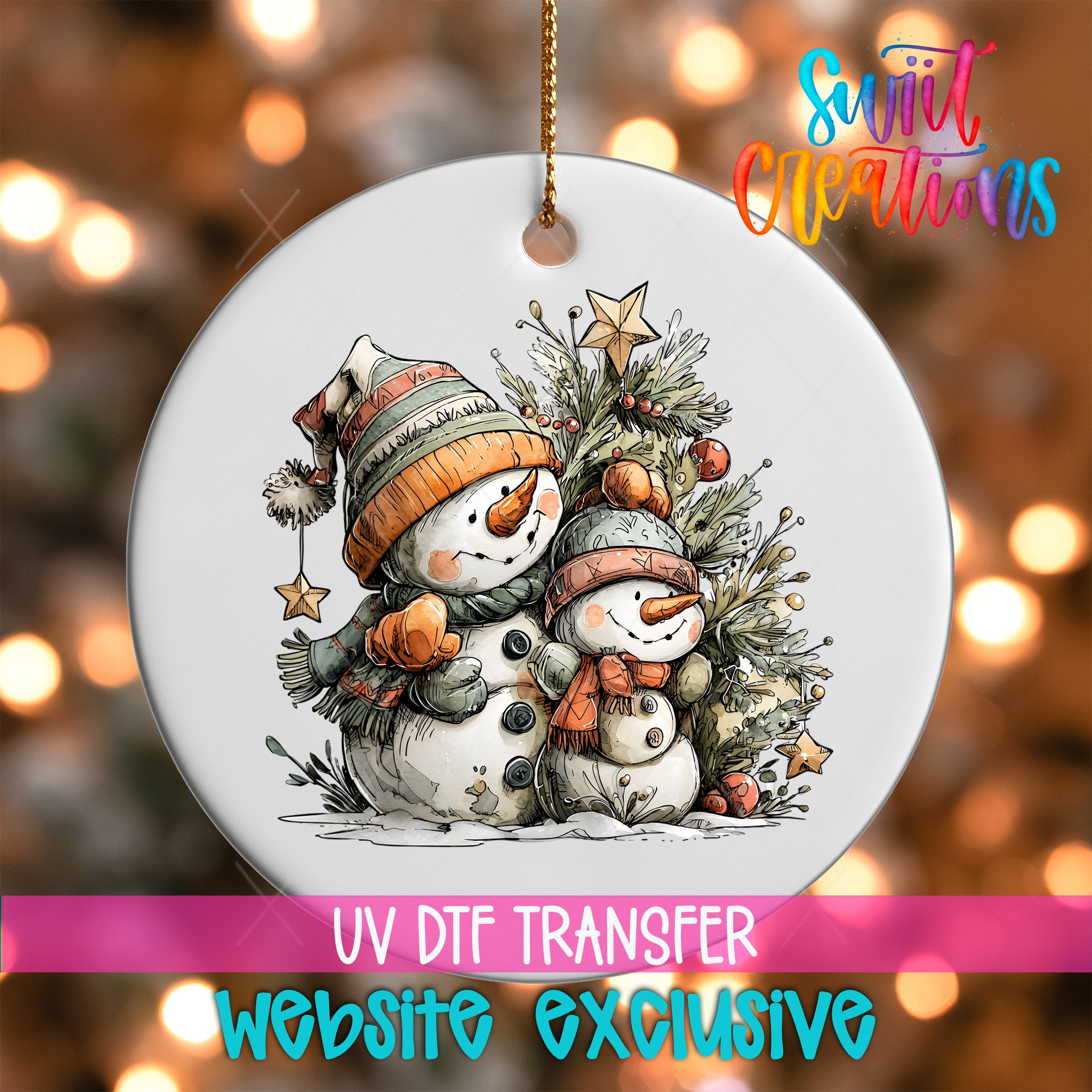 A white ceramic ornament featuring two snowmen, one wearing a green hat and the other a red hat, sitting on a snowy landscape with a Christmas tree in the background.