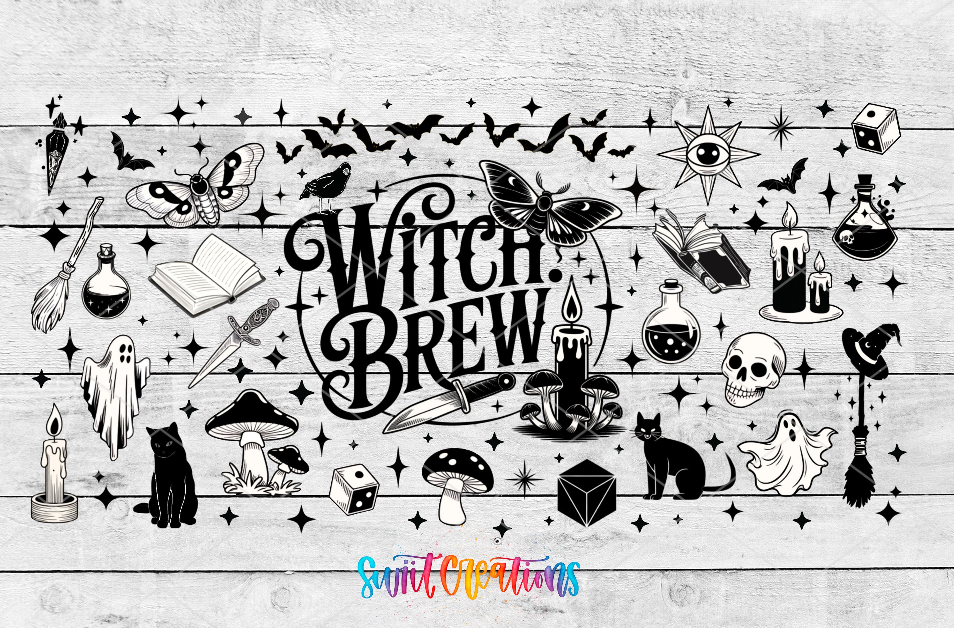 The image is a collage of various Halloween-themed illustrations and symbols, including bats, butterflies, skulls, candles, mushrooms, and other spooky and supernatural elements. The text "Witch Brew" is prominently displayed in the center, surrounded by these elements.