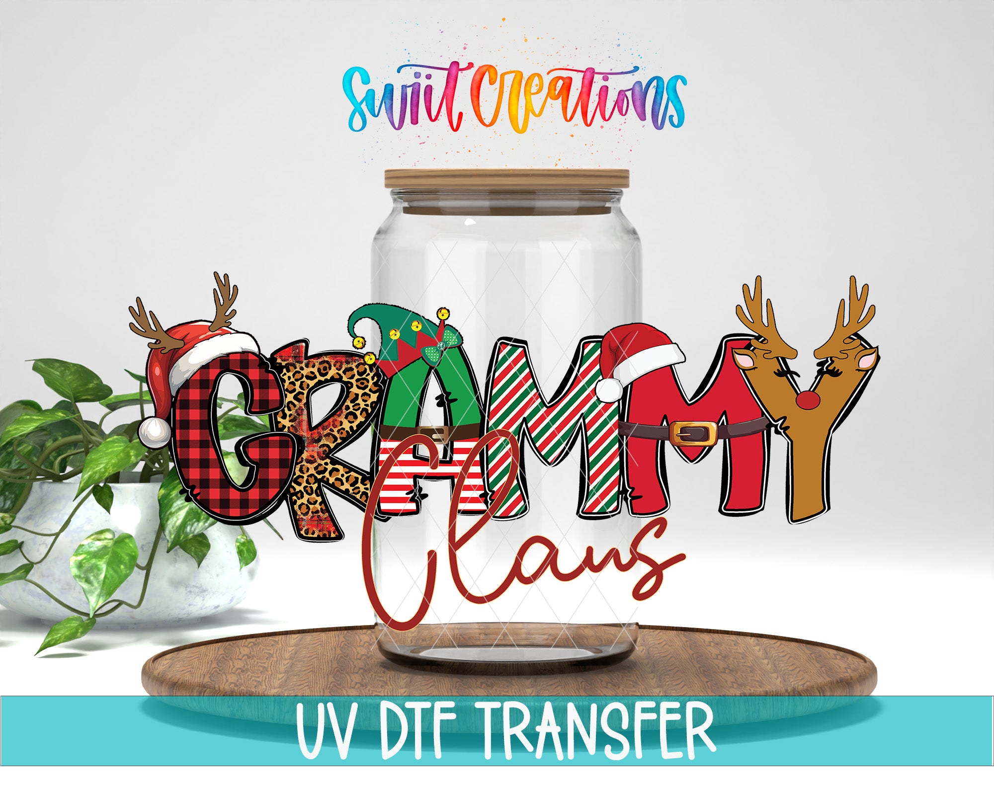 a glass jar with a label that says "GRAMMY CLANS" in a colorful, stylized font. The jar is placed on a wooden surface, and there is a potted plant in the background.