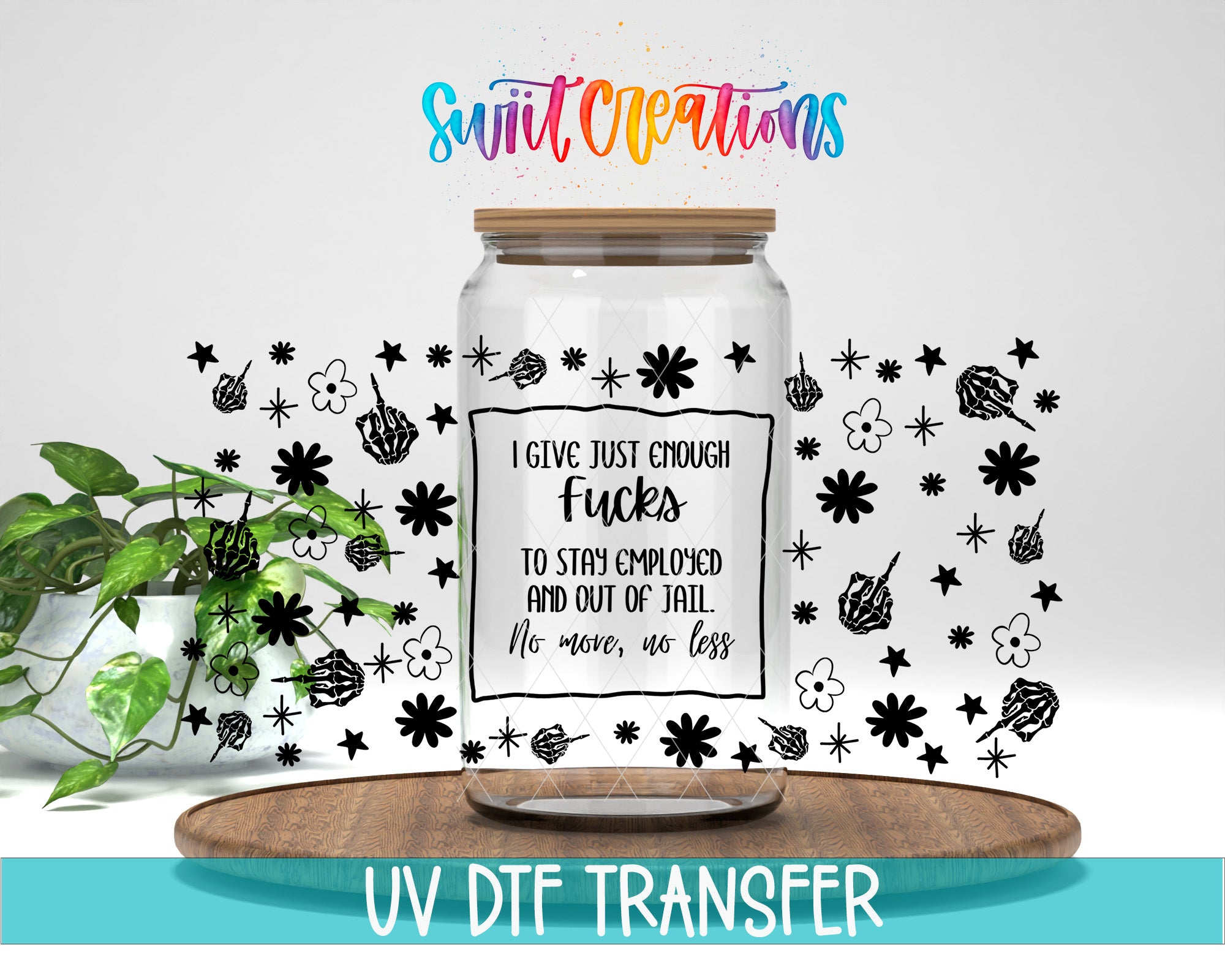 a clear glass jar with a handwritten message and various black and white illustrations surrounding it.