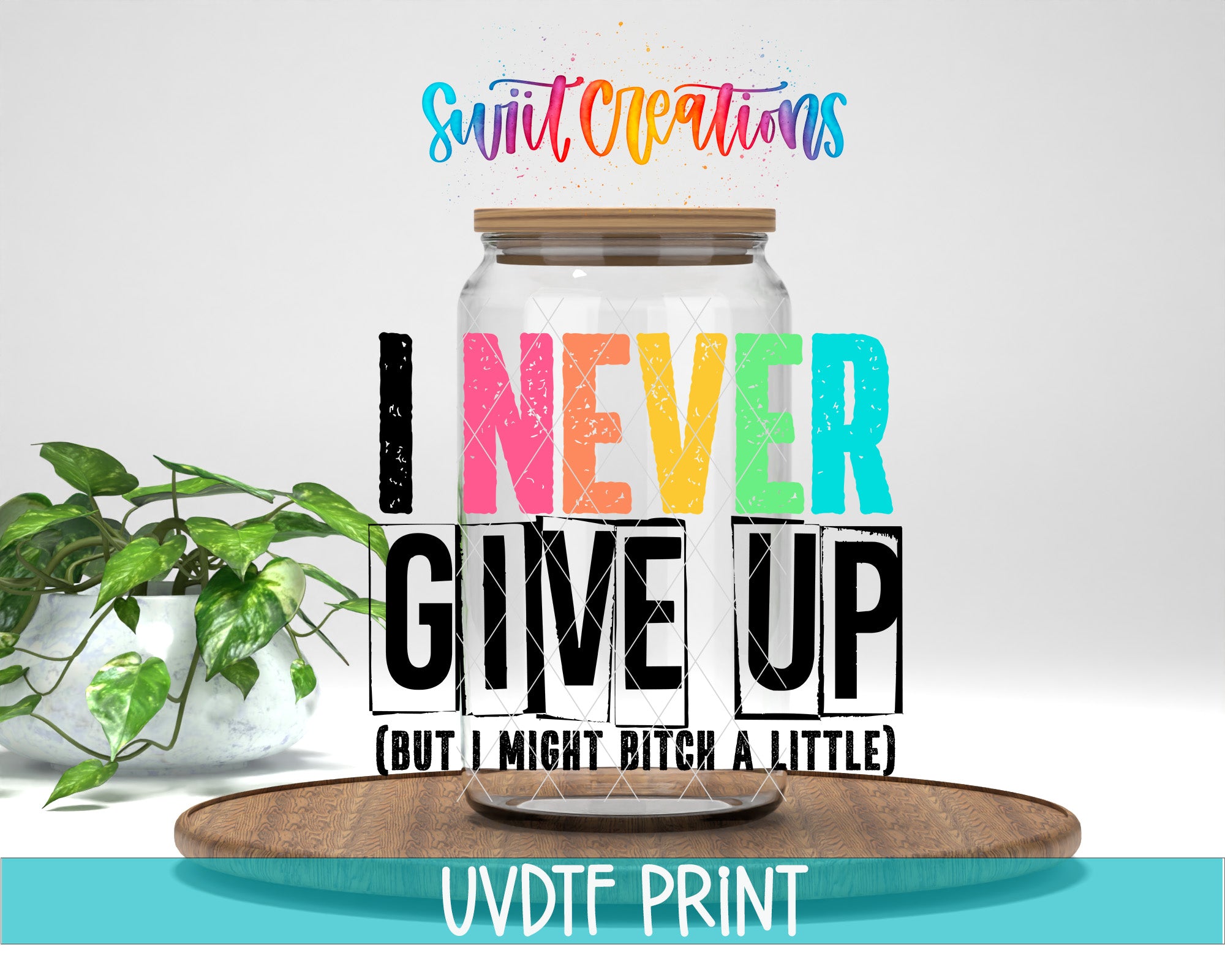 a large jar with a colorful, artistic design and text on it, placed on a wooden surface.