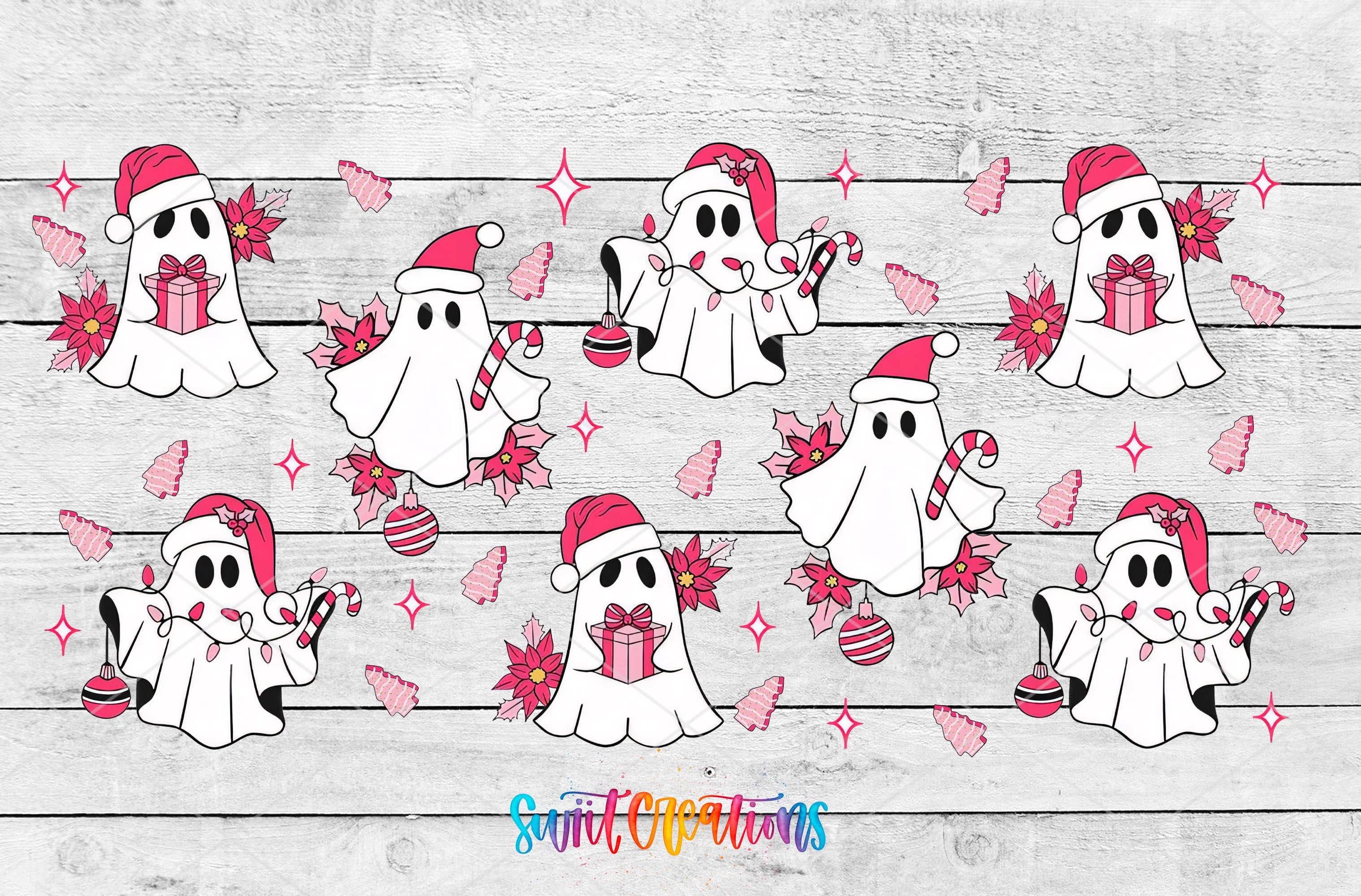 The image is a collage of nine ghost characters wearing Santa hats and holding presents, surrounded by pink flowers and stars on a wooden background.