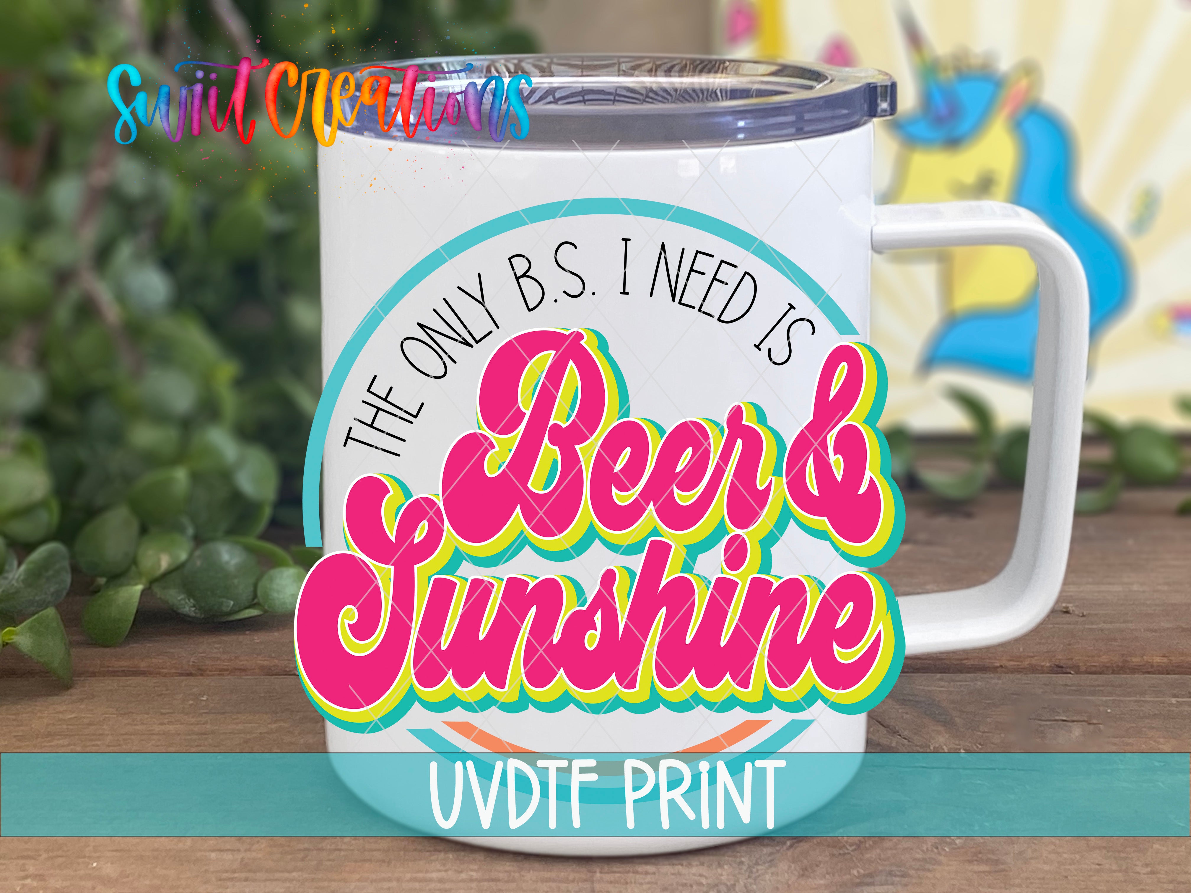 A white mug with a colorful graphic design featuring text and a unicorn illustration.