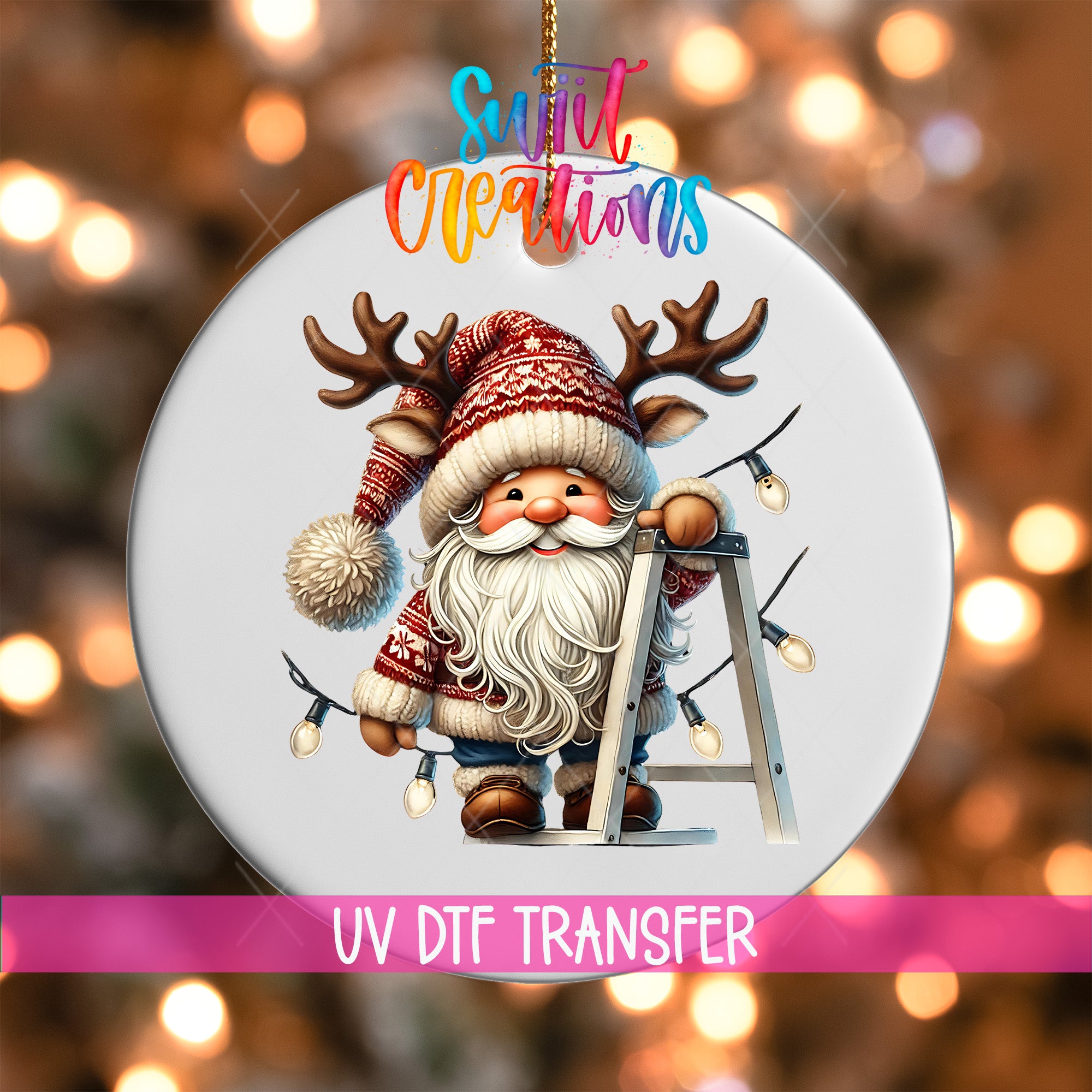 A Christmas ornament featuring a smiling Santa Claus with antlers, holding a ladder and surrounded by Christmas lights.