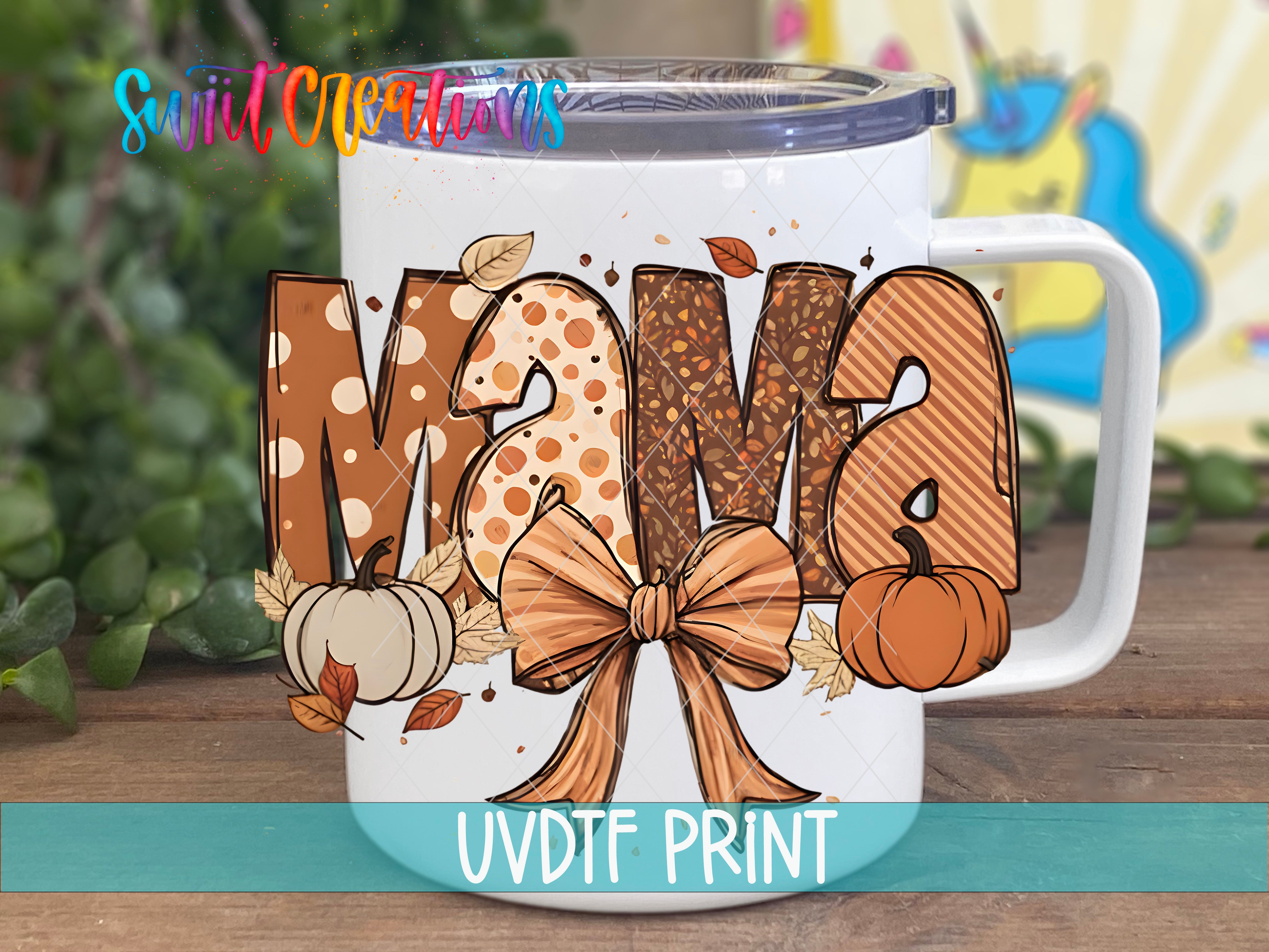 A white ceramic mug with the word "Mama" written on it, surrounded by autumn-themed elements such as pumpkins, leaves, and bows.