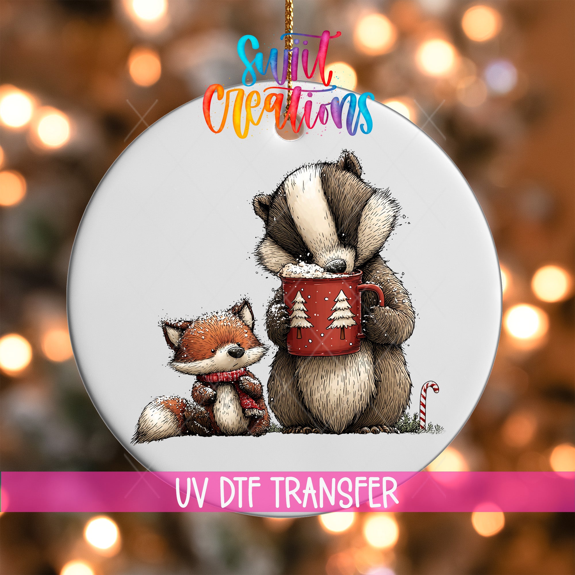 A ceramic ornament featuring a cartoon illustration of a badger and a fox, with the badger holding a mug of hot chocolate. The ornament is set against a background of colorful lights, creating a festive and whimsical atmosphere.