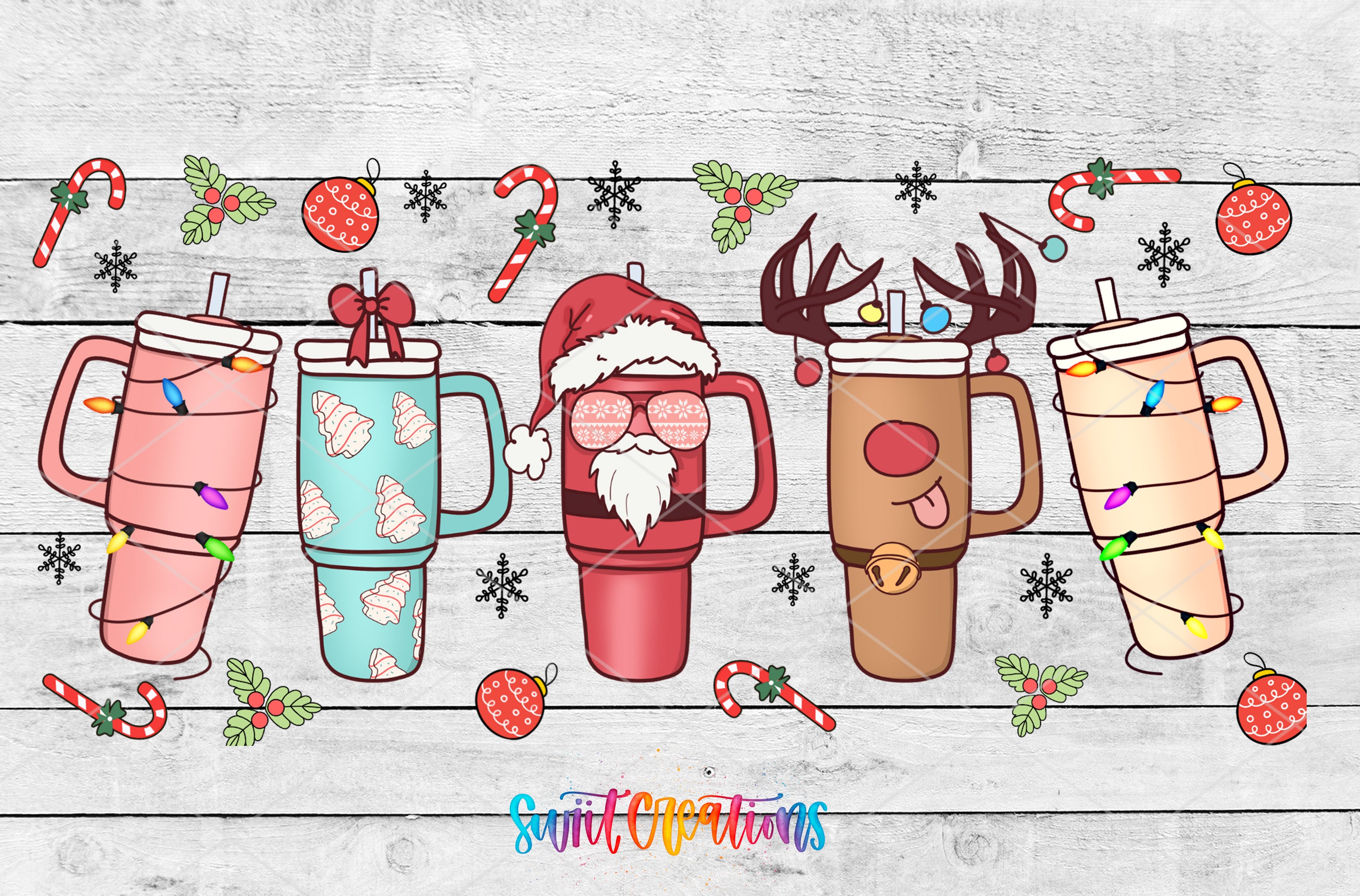 A festive collage featuring four colorful mugs with Santa Claus hats, surrounded by Christmas decorations such as candy canes, snowflakes, and ornaments.