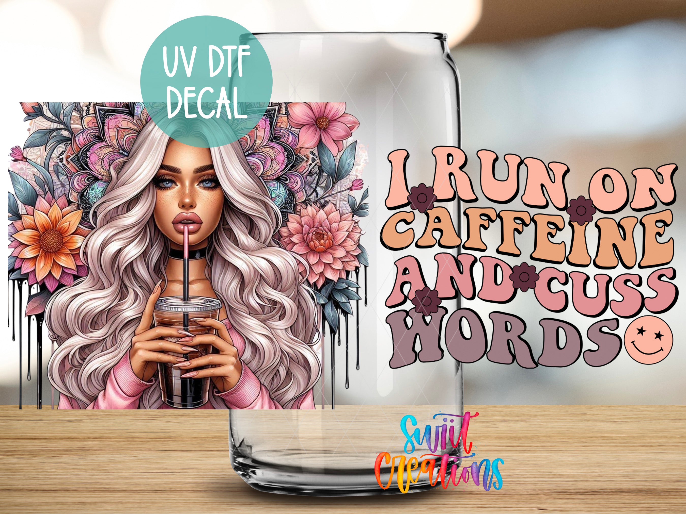 a woman with long, wavy hair holding a drink, surrounded by a colorful floral background.