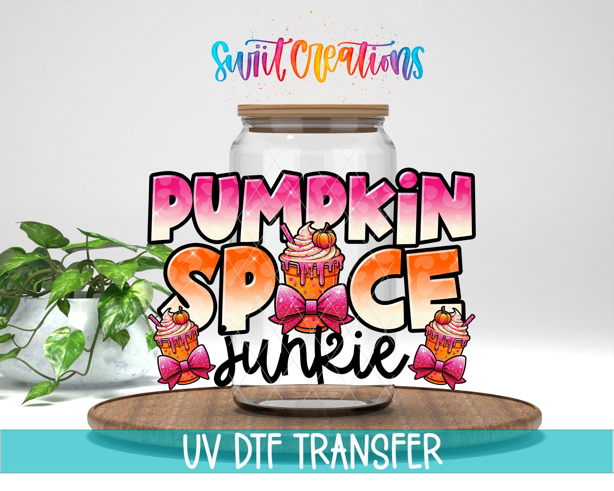The image is a promotional graphic for a pumpkin spice junkie, featuring a large jar with the text "PUMPKIN SPICE JUNKIE" and illustrations of pumpkin spice-related items.