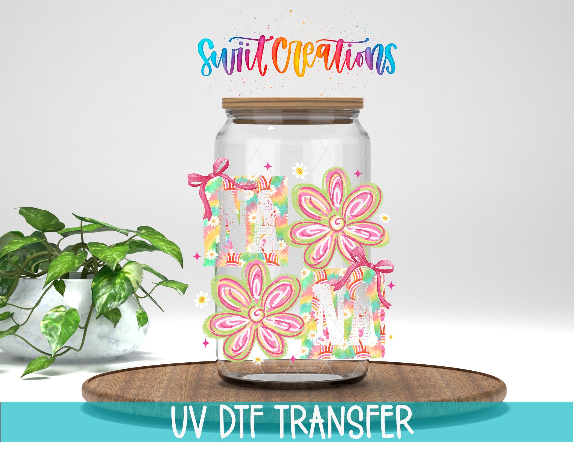 a glass jar with a floral design, placed on a wooden surface. The jar is surrounded by a potted plant, and there is text at the bottom of the image that says "UV DFT Transfer".
