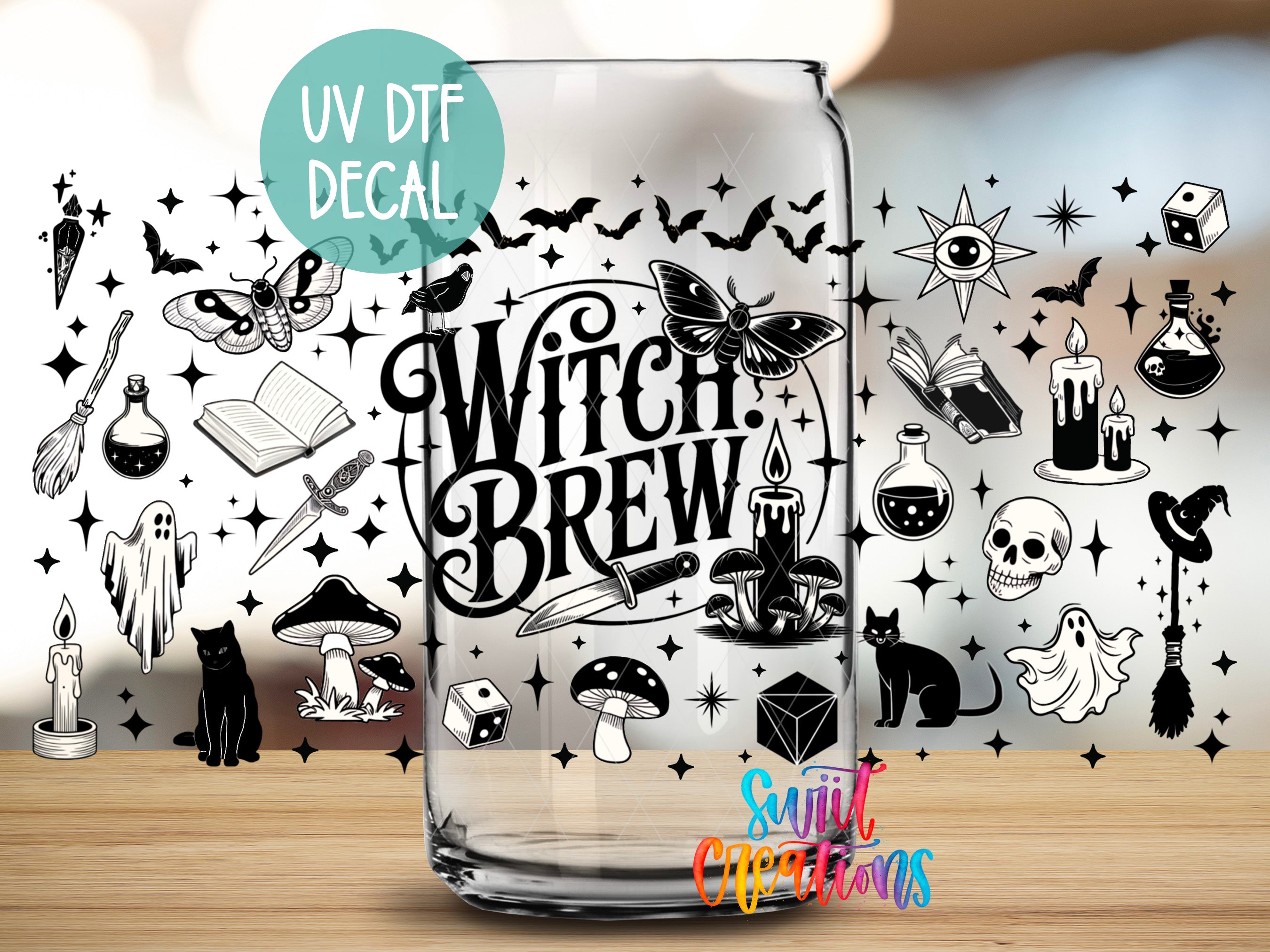 a glass jar with a black and white design that includes various Halloween-themed illustrations, such as bats, a witch's hat, a skull, a candle, and mushrooms. The jar is labeled "Witch Brew" and has a UV decal on it.
