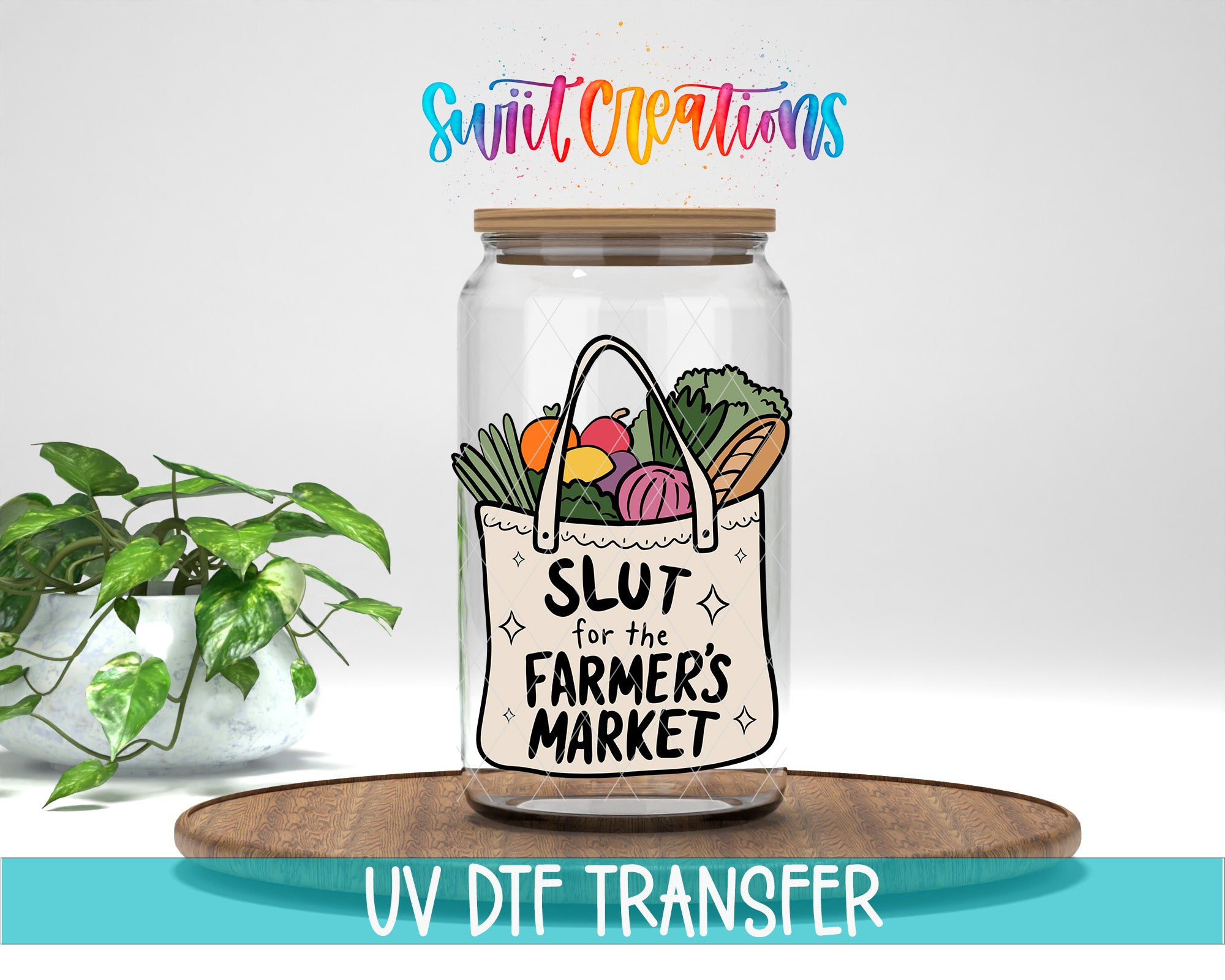 a glass jar filled with various vegetables, placed on a wooden board. Above the jar, there is a colorful text that reads "SLUT for the FARMERS MARKET". The background of the image is white, and there is a potted plant to the left of the jar.