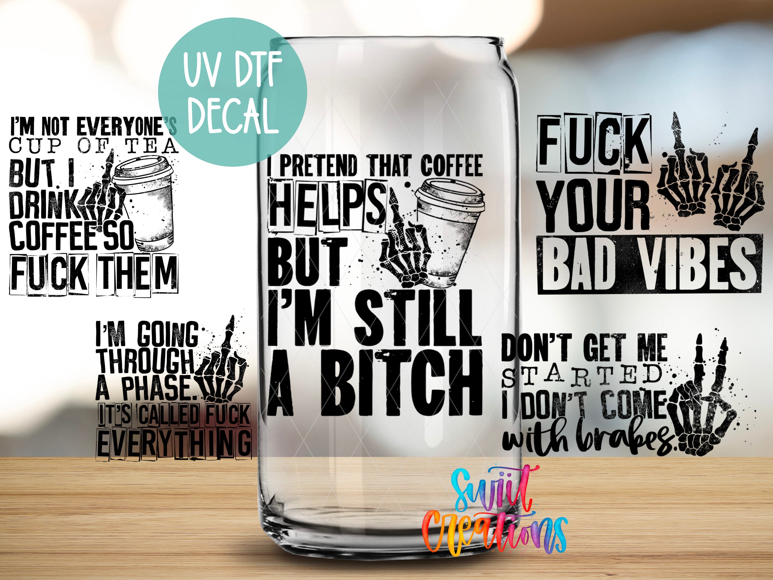 a collection of black and white text and graphics, including a coffee cup and various phrases related to coffee and personal attacks.