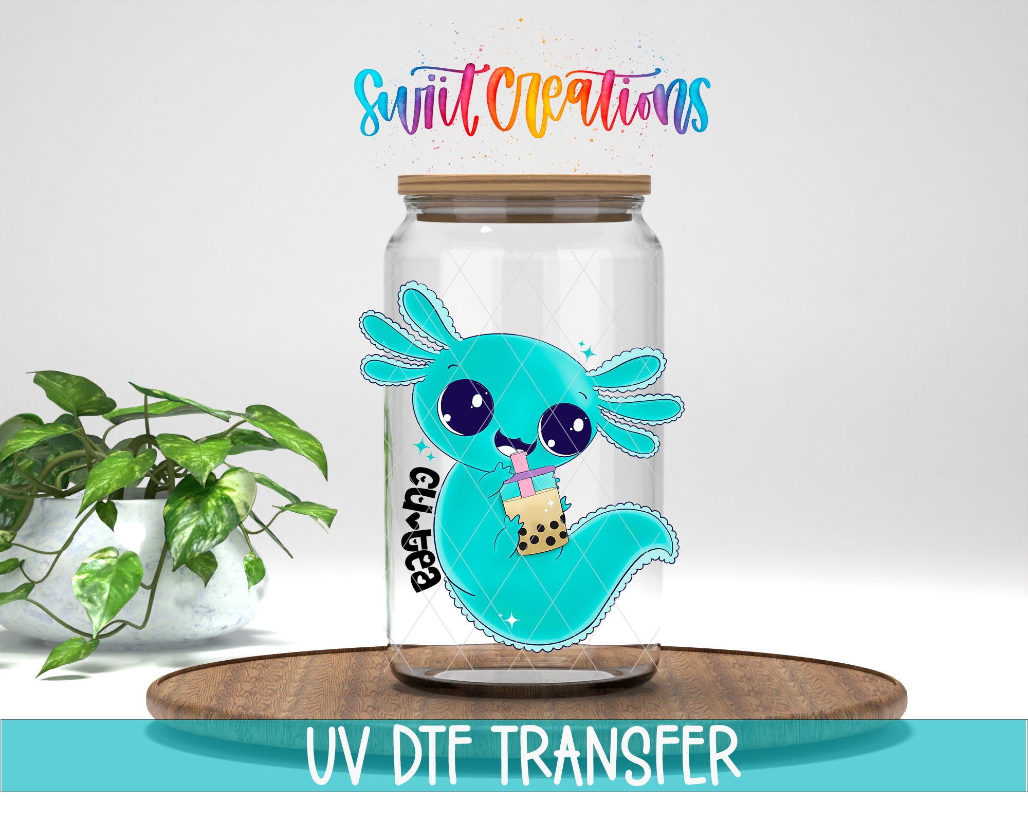 A glass jar with a cartoon image of a blue alligator holding a straw, placed on a wooden surface next to a potted plant.