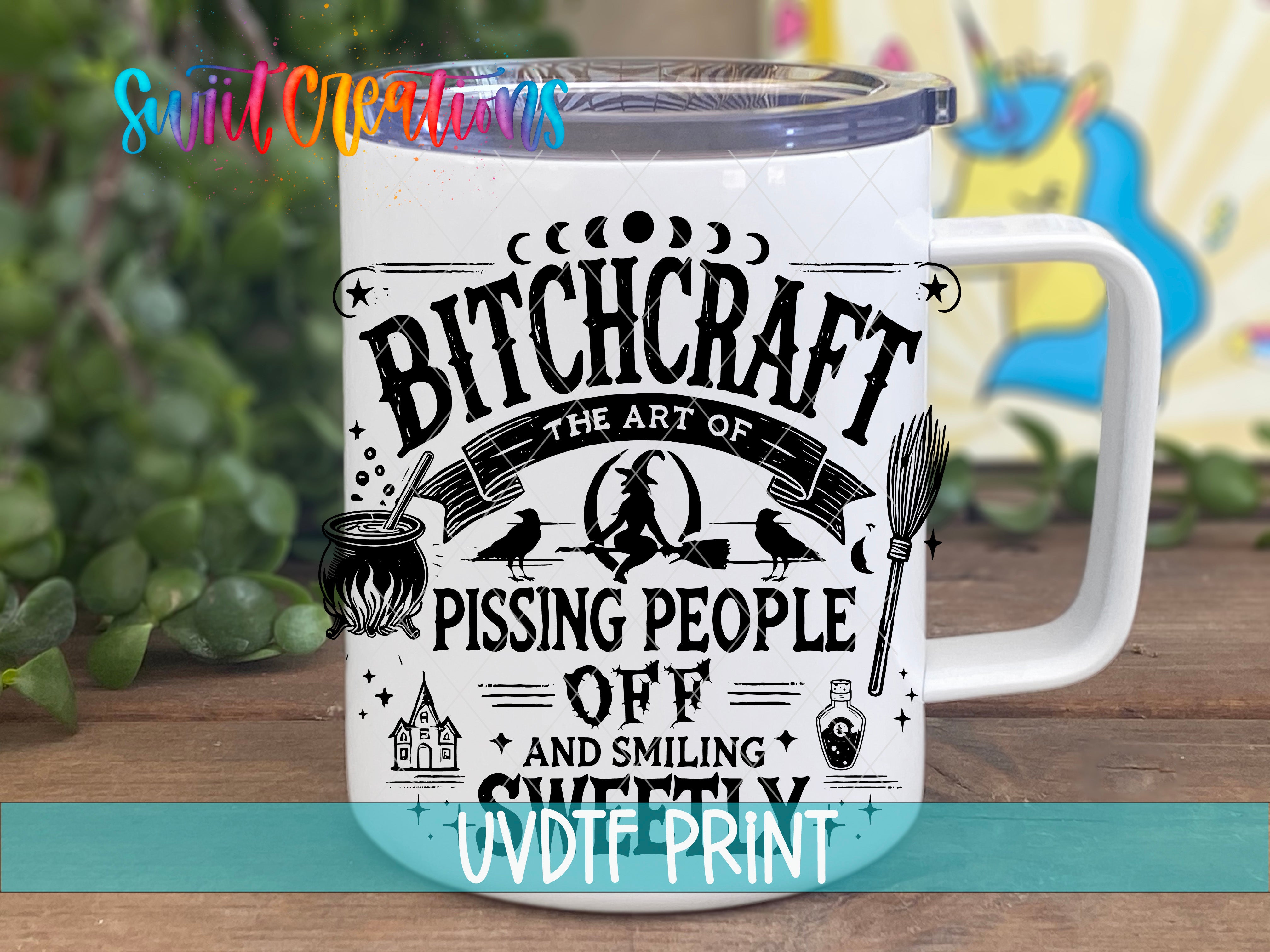 A white mug with a black and white design featuring text and illustrations related to witchcraft and humor.