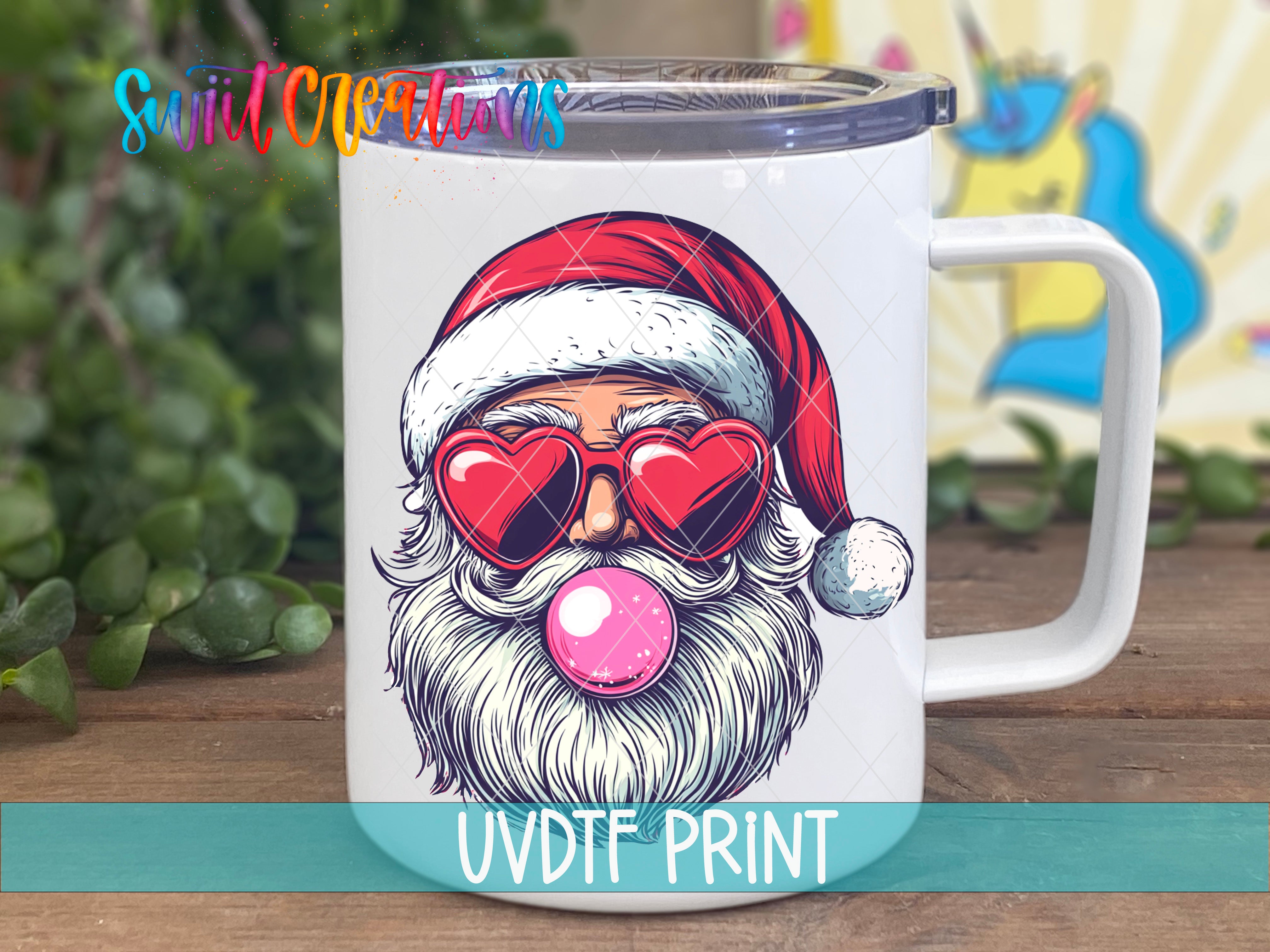 A mug with a Santa Claus face wearing sunglasses and a bubblegum bubble in his mouth, placed on a wooden surface.