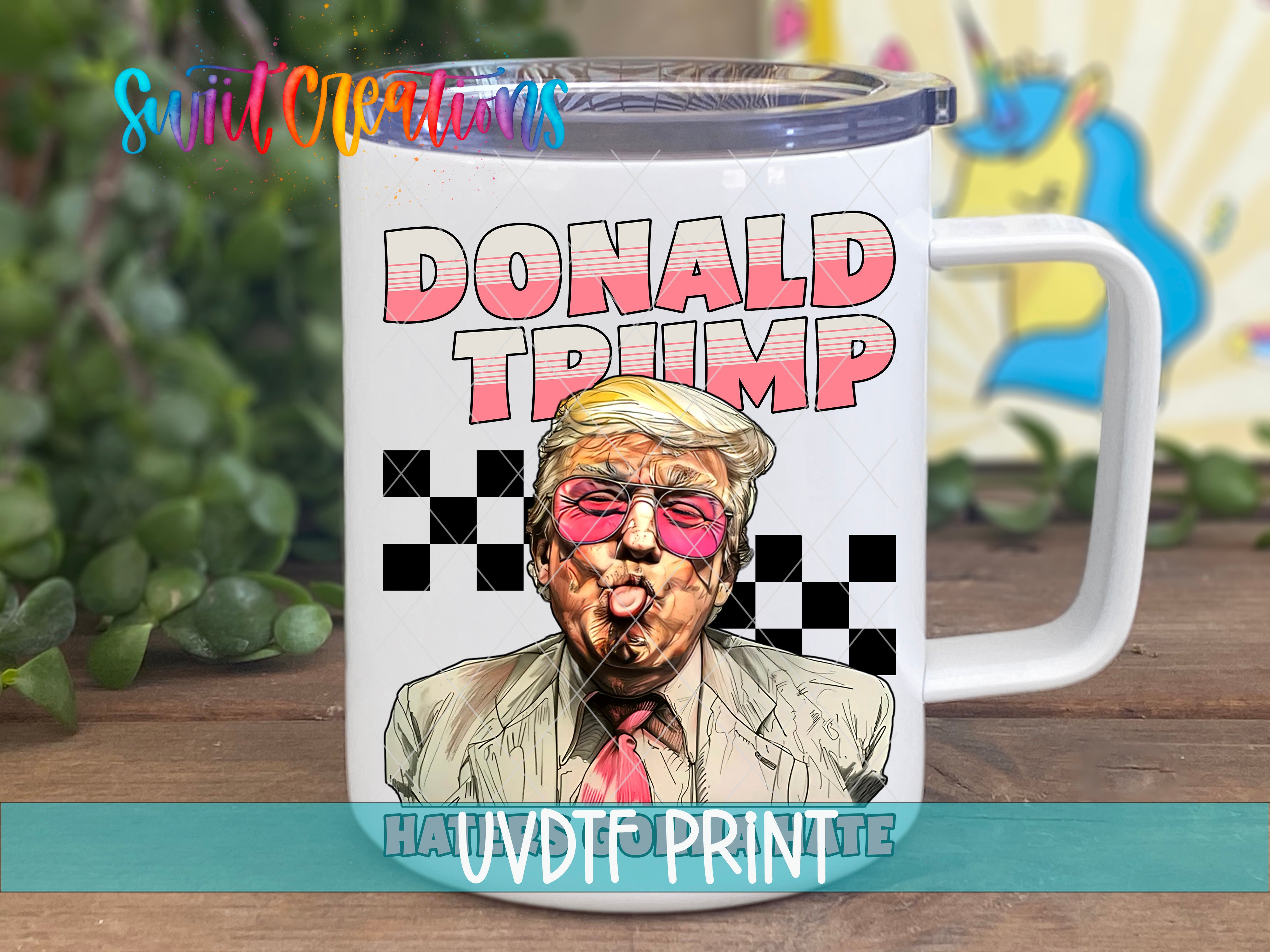 A white mug with a graphic design featuring a man wearing sunglasses and a tie, along with the text "DONALD TRUMP" and "HAUVDTFRINT".