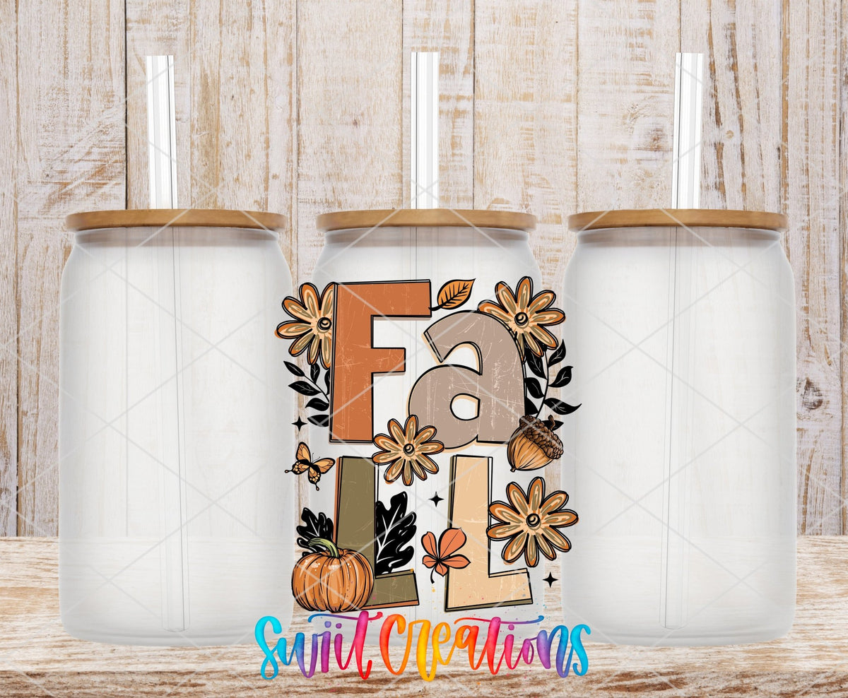 Boho Fall UV DTF transfer applied to a clear glass can set from Swiit Creations