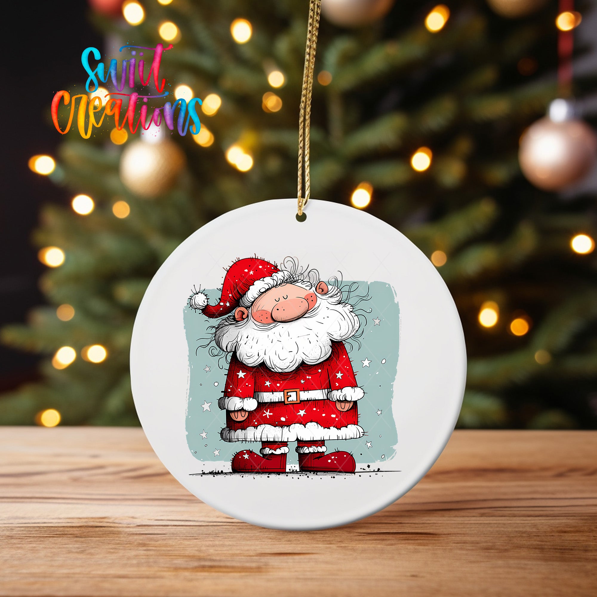 A white oval ornament featuring a cartoon illustration of Santa Claus wearing a red suit and hat, with snowflakes falling around him.
